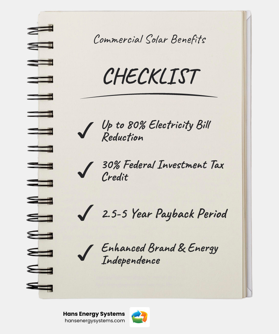 Infographic showing commercial solar benefits including 80% electricity bill reduction, 2.5-5 year payback period, 30% federal tax credit, improved brand image, and energy independence through distributed generation - Commercial solar energy infographic checklist-notebook