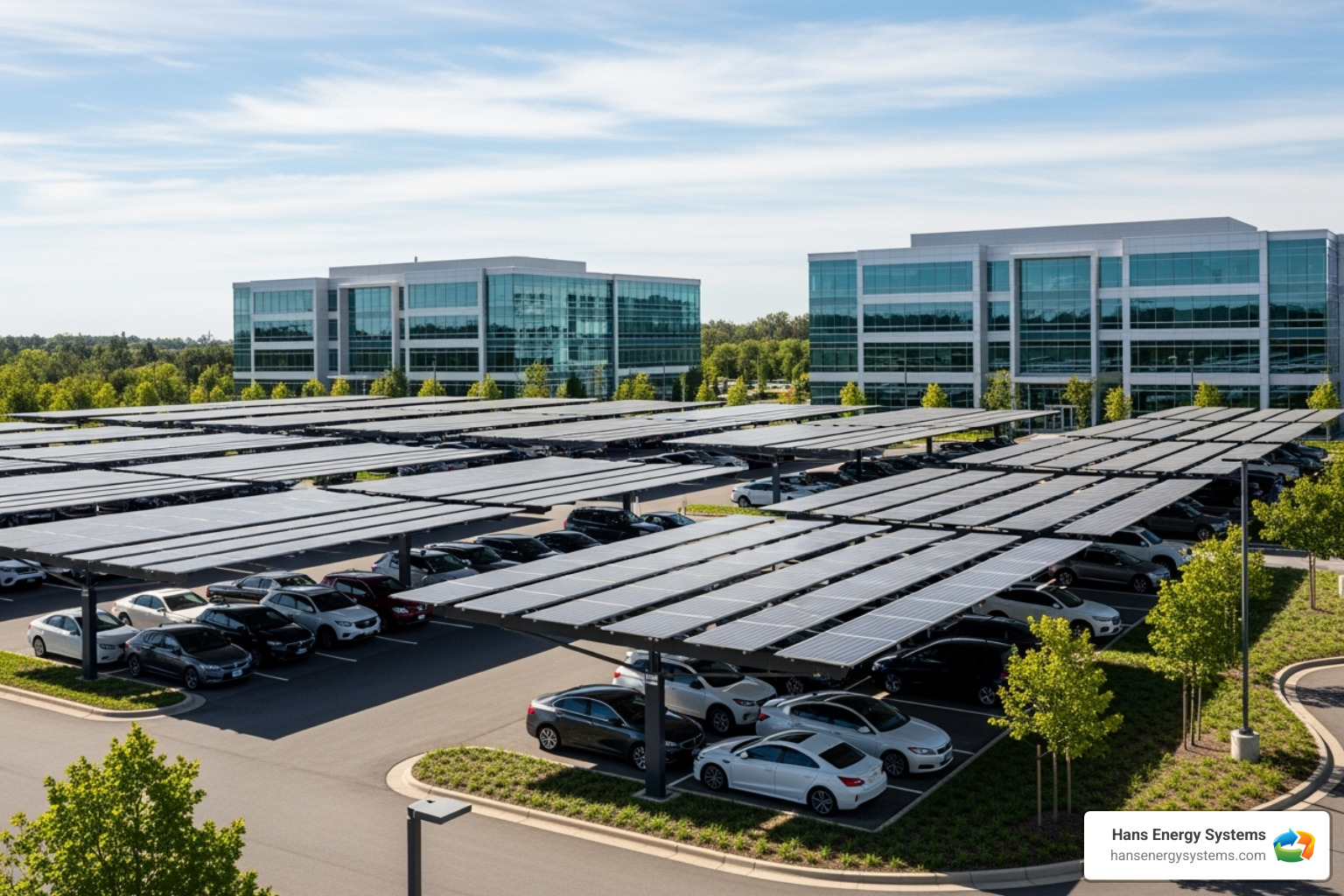 Image of a solar carport at a business park - Commercial solar energy