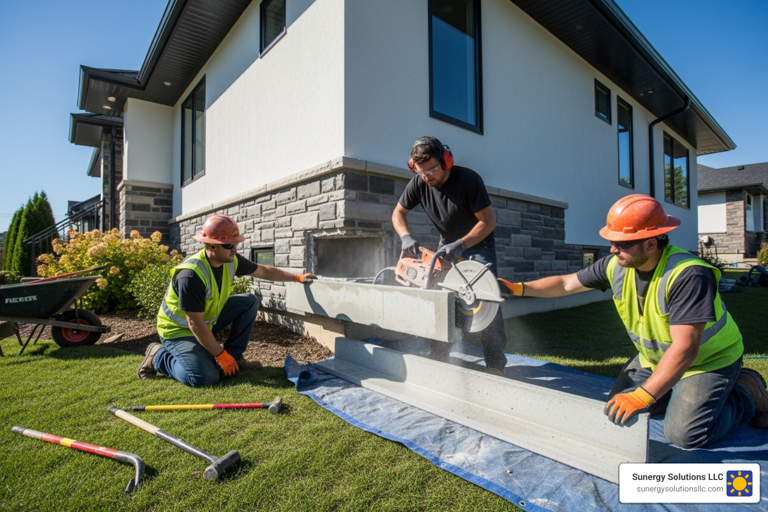 A professional team carefully cutting and removing a section of concrete gutter from a US house - finlock gutter replacement cost A professional team carefully cutting and removing a section of concrete gutter from a US house - finlock gutter replacement cost