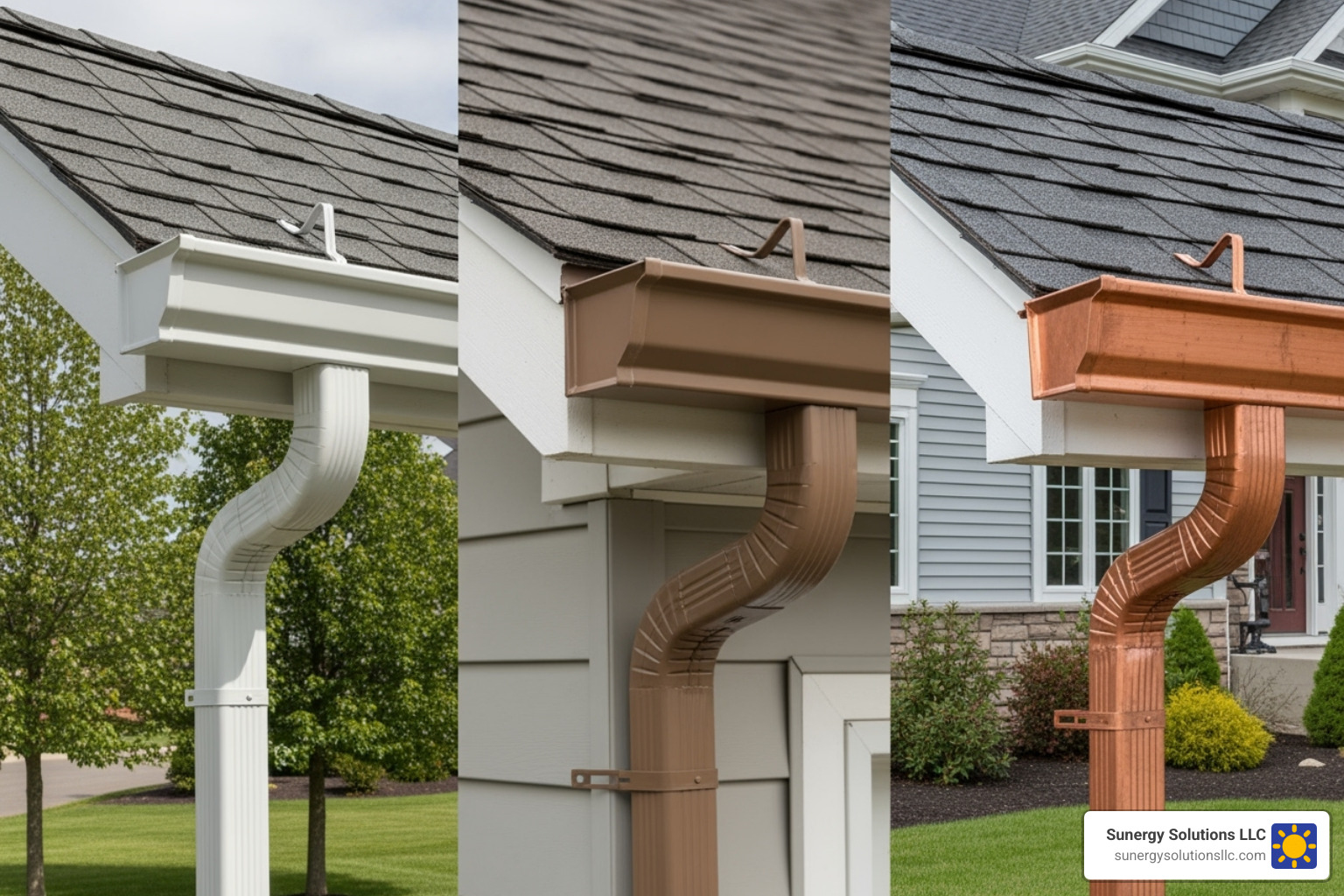 Various gutter materials like aluminum, vinyl, and copper, displayed against a home exterior - finlock gutter replacement cost Various gutter materials like aluminum, vinyl, and copper, displayed against a home exterior - finlock gutter replacement cost