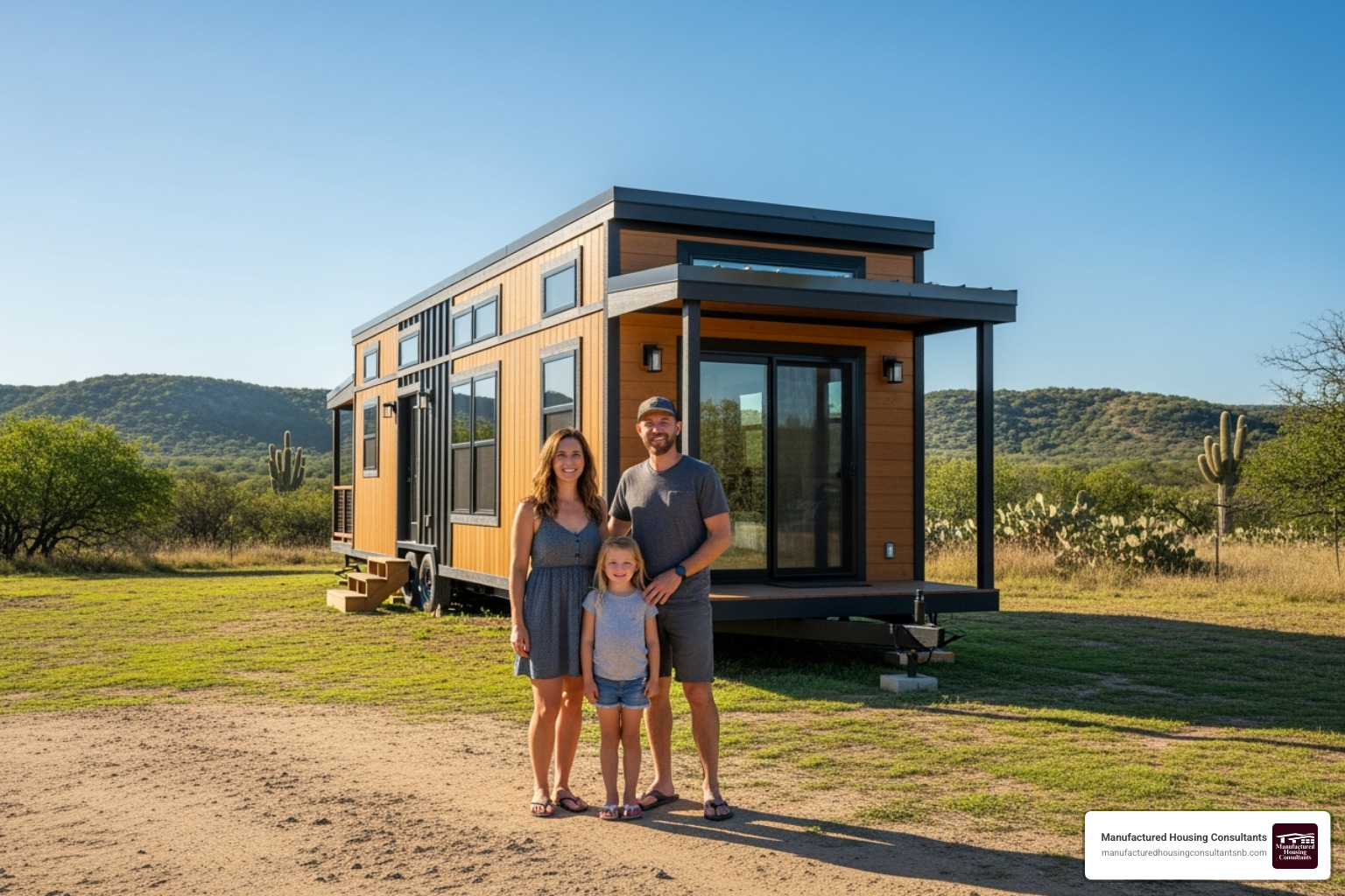 family standing in front of their new tiny home - tiny homes for sale san antonio