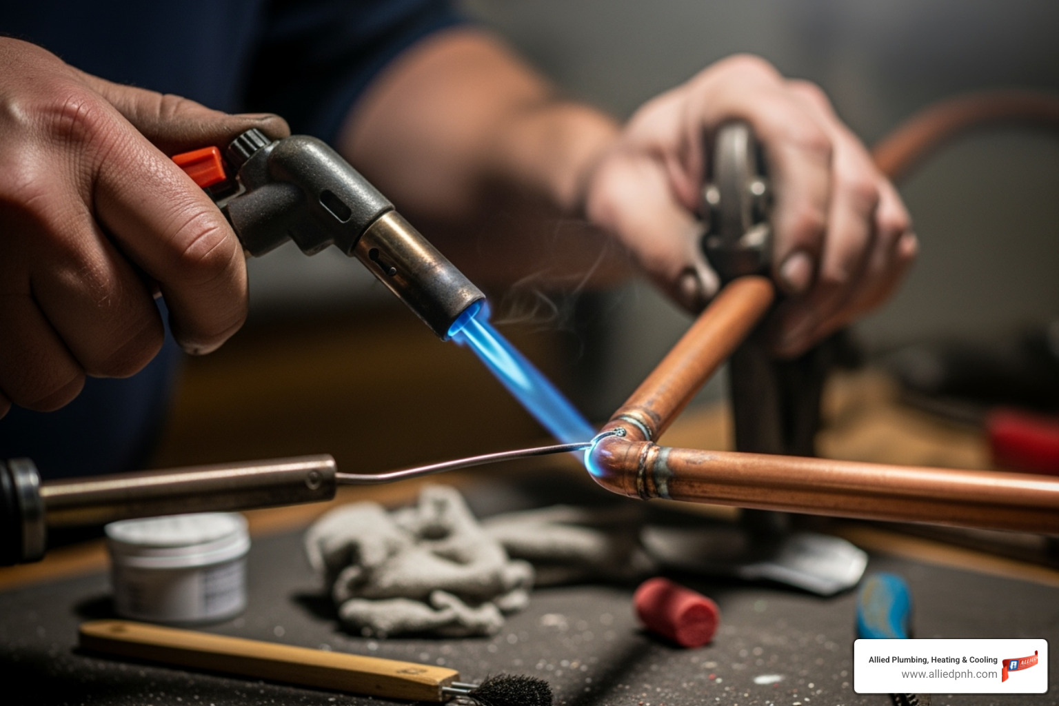 plumber soldering a copper pipe - Burst pipe repair plumber soldering a copper pipe - Burst pipe repair