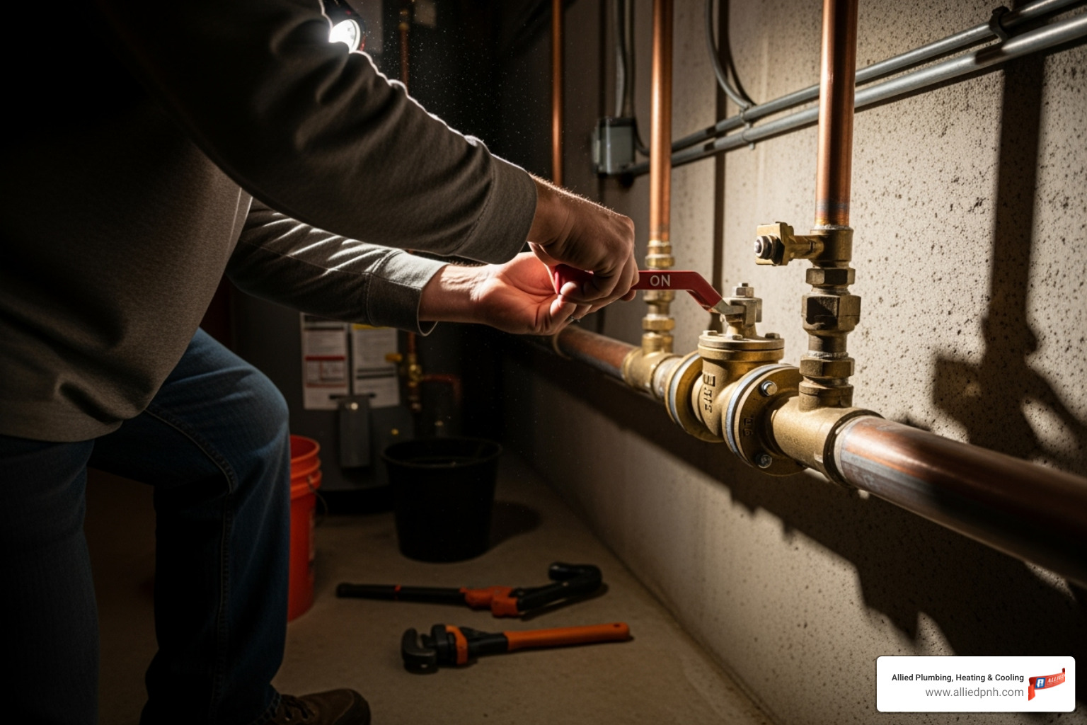 homeowner turning main water shut-off valve - Burst pipe repair homeowner turning main water shut-off valve - Burst pipe repair