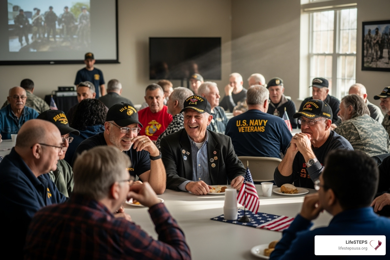 Diverse group of veterans in a community setting - veterans assistance with housing