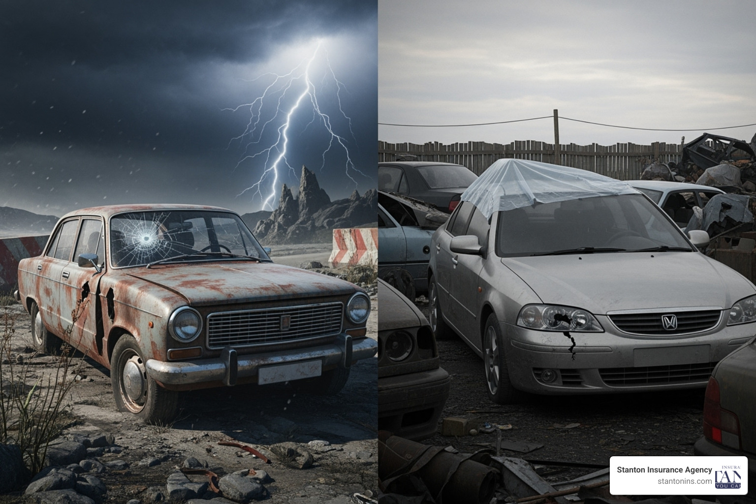 a split-screen showing a car with a "No Insurance" sign on one side and a car with a "Low Coverage" sign on the other - underinsured motorist meaning