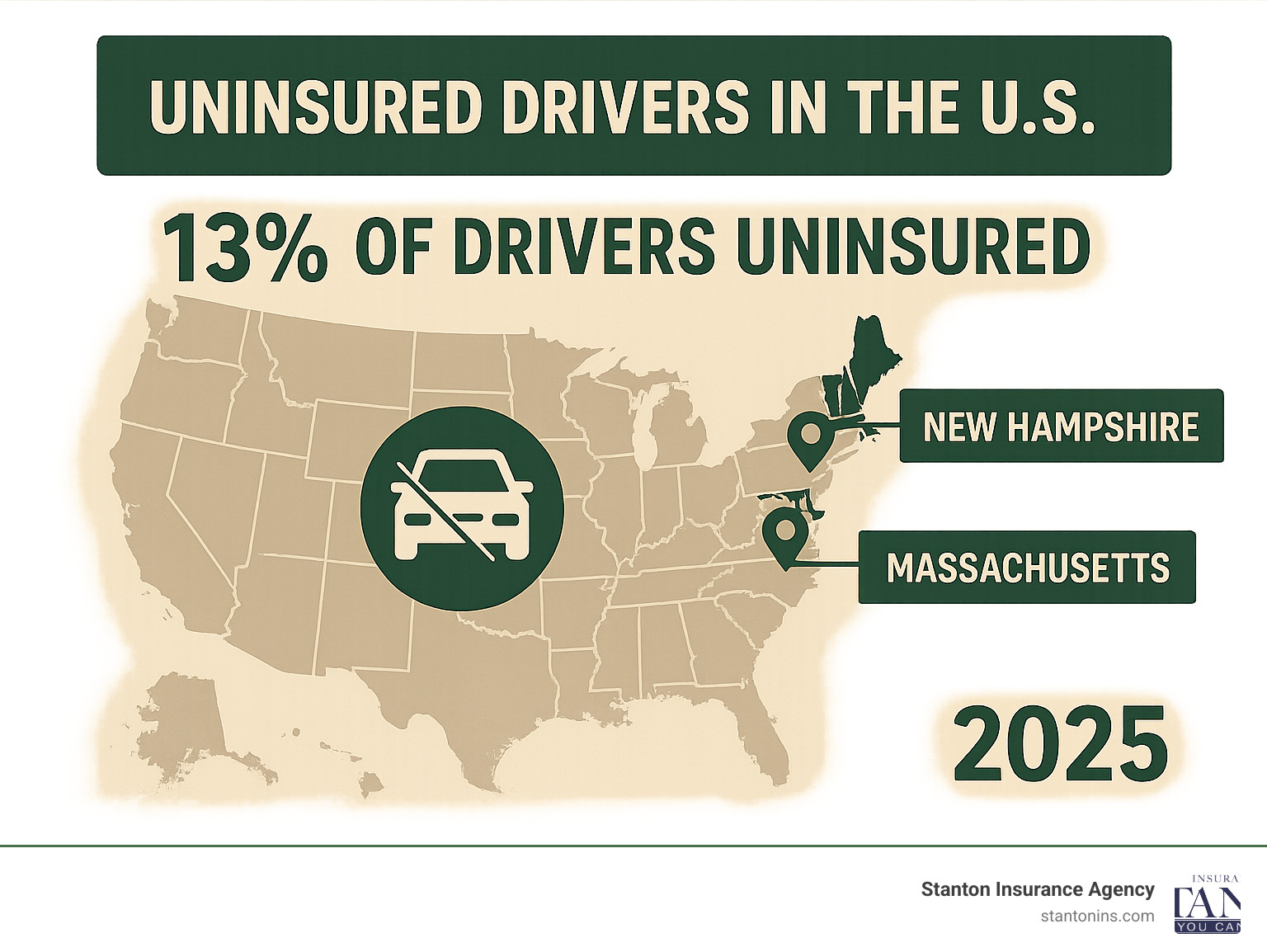 Infographic explaining the percentage of uninsured drivers in the U.S. and highlighting key states like New Hampshire and Massachusetts - underinsured motorist meaning infographic 