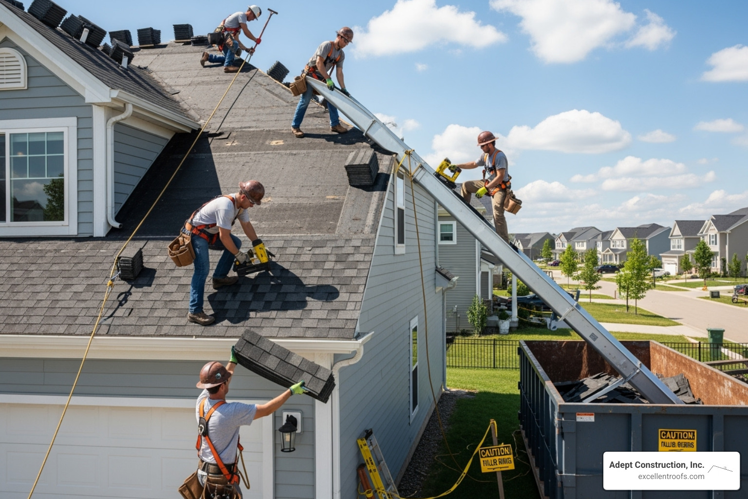 Roofing team safely working on residential roof replacement - Top rated roofers