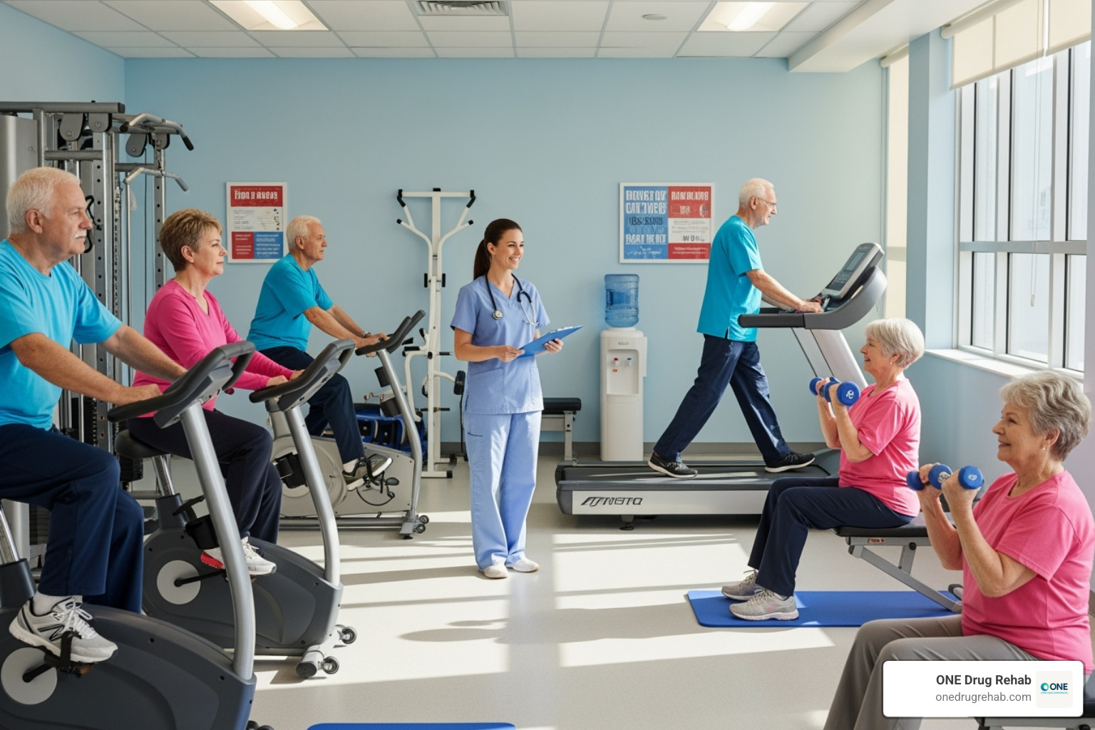 A traditional cardiac rehab class with several patients and a supervising nurse - alternatives to outpatient cardiac rehab programs