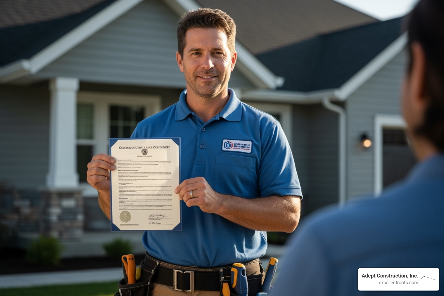 Roofer showing license document - Top rated roofers