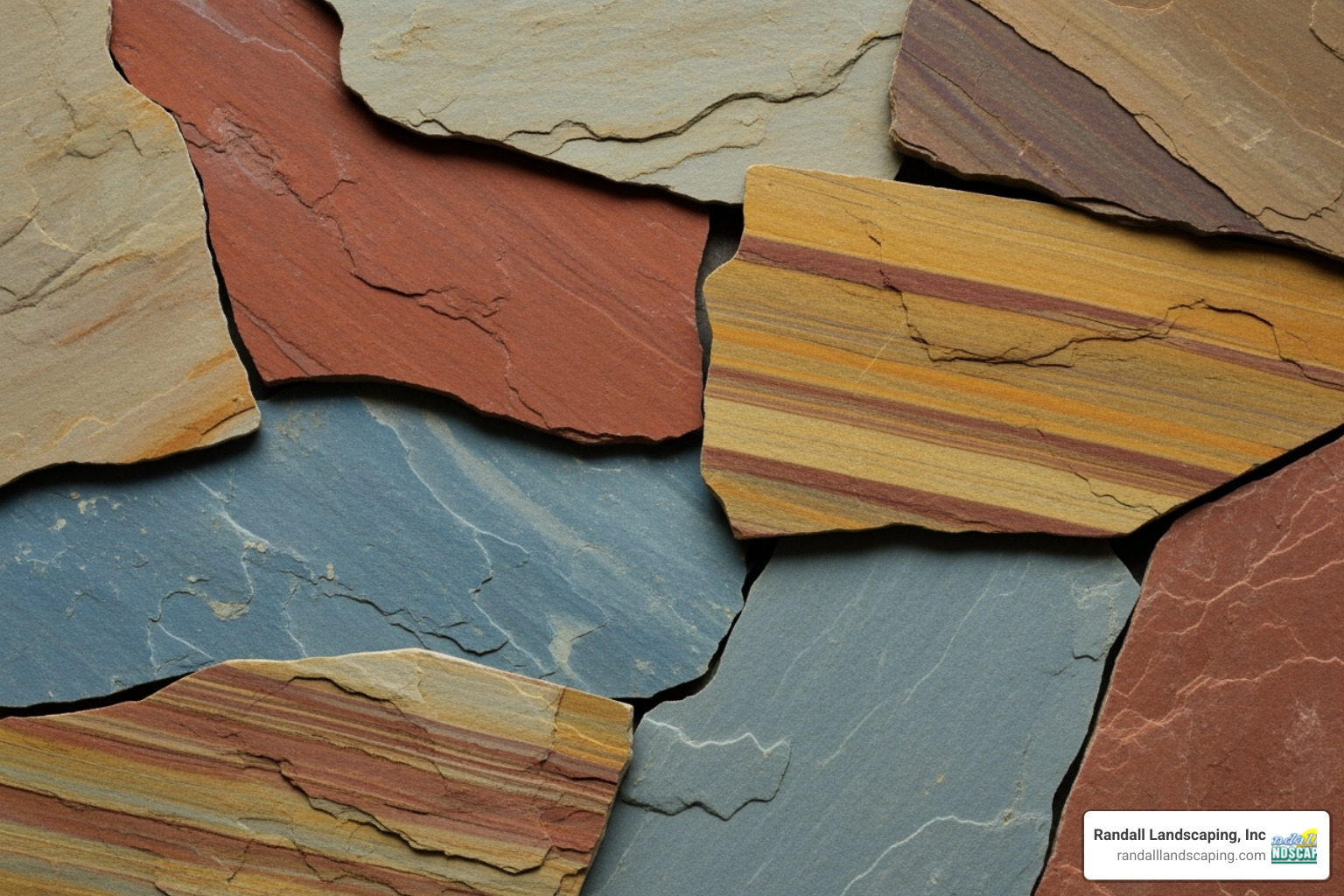 A collage showing various flagstone types and colors, from earthy reds to cool blues and grays, demonstrating texture differences - flagstone walkway installation near me