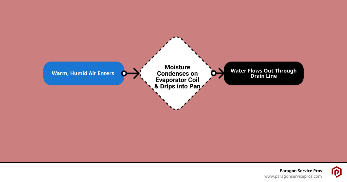 Detailed infographic showing how an AC system creates condensation on the evaporator coil, collects water in the drain pan, and channels it through the condensate drain line to exit the home, with arrows indicating water flow and labels for each component - AC drain line infographic flowmap_simple Detailed infographic showing how an AC system creates condensation on the evaporator coil, collects water in the drain pan, and channels it through the condensate drain line to exit the home, with arrows indicating water flow and labels for each component - AC drain line infographic flowmap_simple
