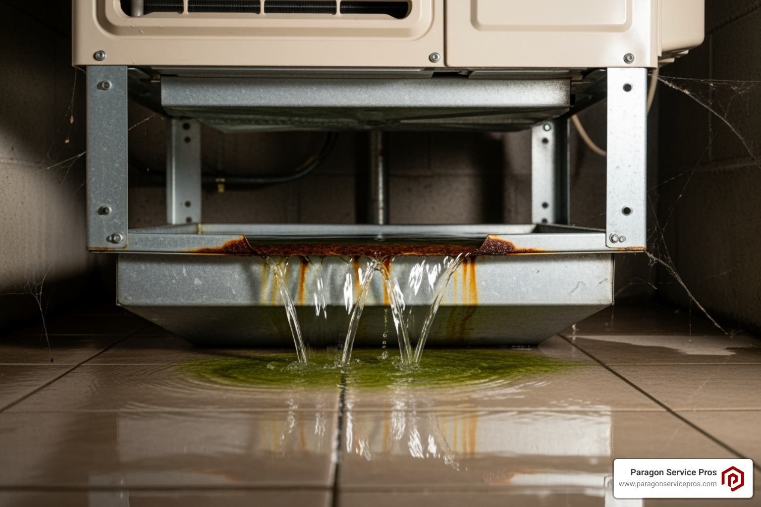 An overflowing AC condensate drain pan with water spilling onto the floor - AC drain line An overflowing AC condensate drain pan with water spilling onto the floor - AC drain line