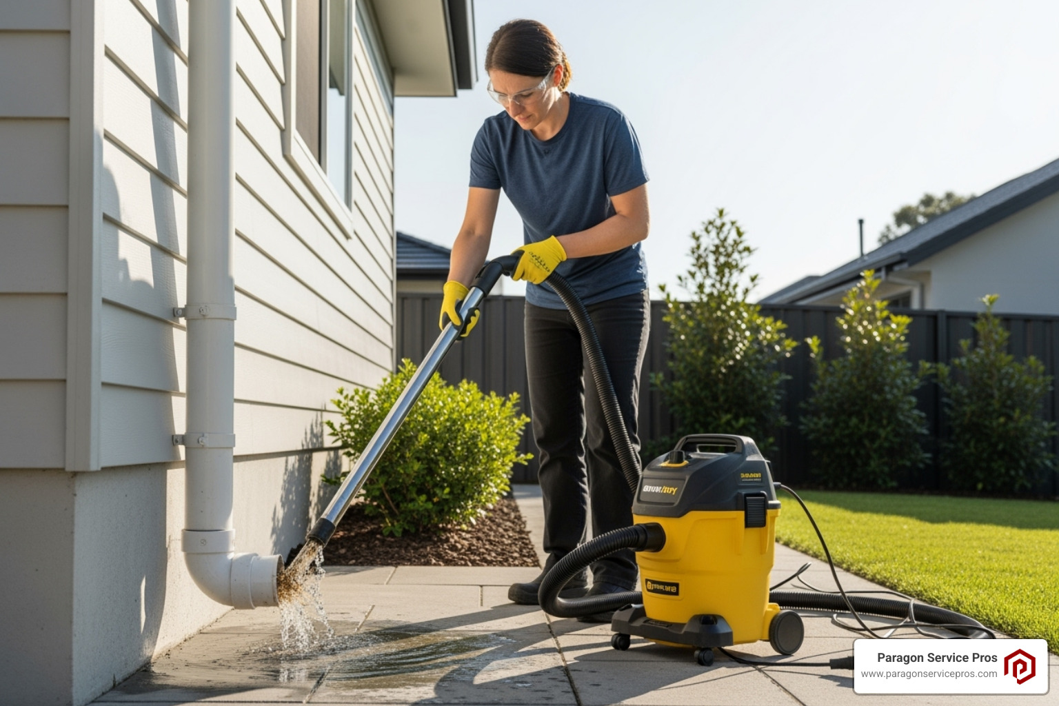 A homeowner safely using a wet/dry vacuum on their outdoor AC drain pipe to clear a clog - AC drain line A homeowner safely using a wet/dry vacuum on their outdoor AC drain pipe to clear a clog - AC drain line