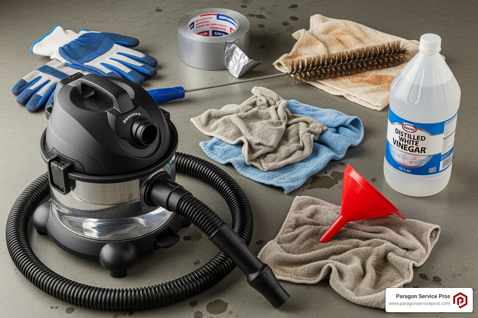 Tools and materials for cleaning an AC drain line, including a wet/dry vacuum, distilled white vinegar, funnel, rags, stiff wire brush, duct tape, and gloves - AC drain line Tools and materials for cleaning an AC drain line, including a wet/dry vacuum, distilled white vinegar, funnel, rags, stiff wire brush, duct tape, and gloves - AC drain line