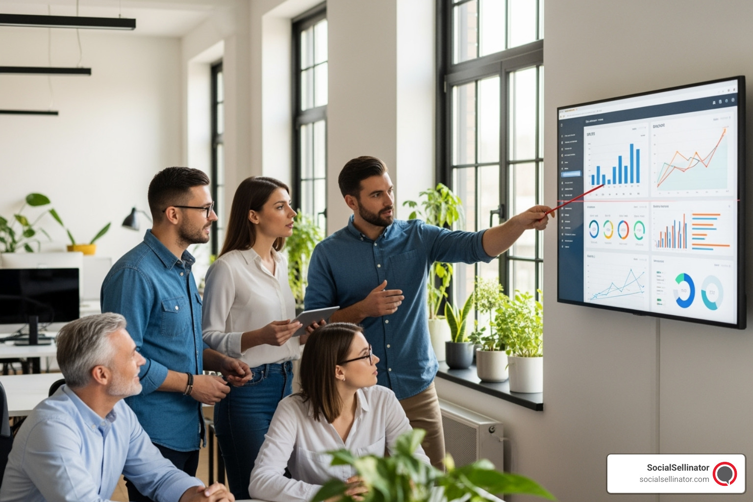 A professional team collaborating in a modern office setting, looking at dashboards showing positive KPI trends and growth charts - best inbound marketing company