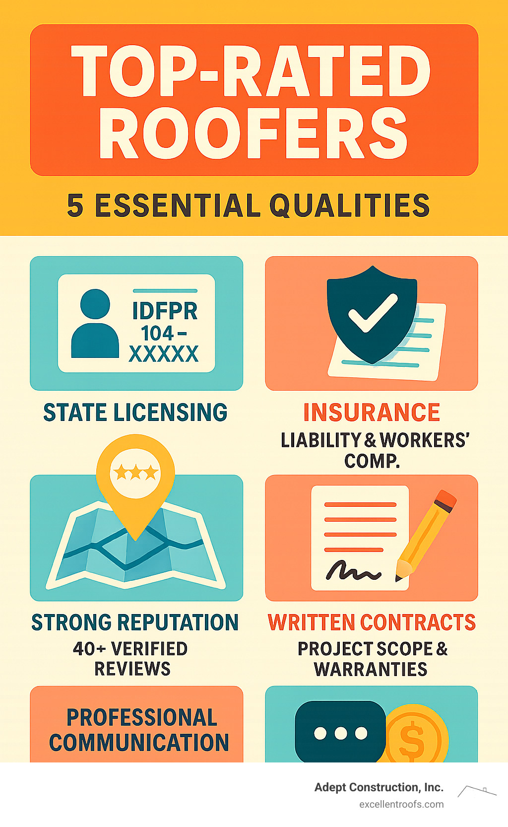 Infographic showing the 5 essential qualities of top-rated roofers: proper state licensing with Illinois IDFPR credentials, comprehensive insurance including liability and workers compensation, strong local reputation with 40+ verified reviews, detailed written contracts with clear project scope and warranties, and professional communication with reasonable deposit requirements - Top rated roofers infographic 
