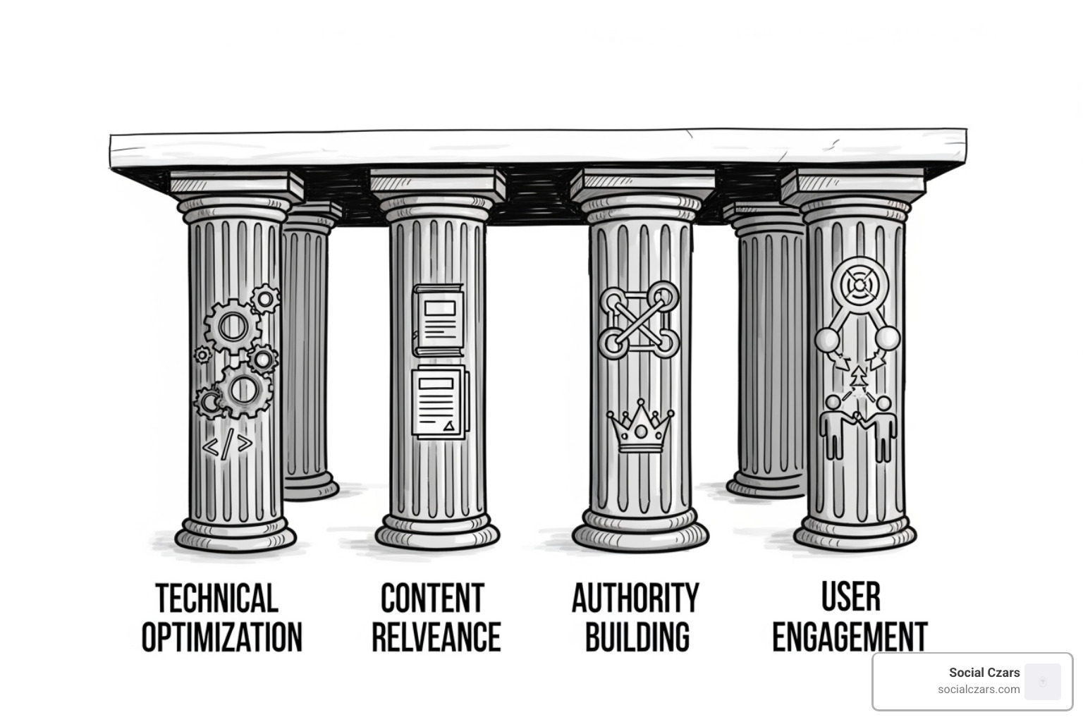 The four pillars of a successful SEO strategy: Technical optimization for site health, On-page SEO for content relevance, Off-page SEO for authority building, and Content Marketing for user engagement - marketing and seo for entrepreneurs