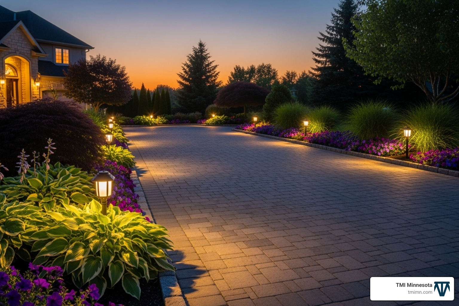driveway at dusk with neat path lighting and lush border plants - front driveways ideas