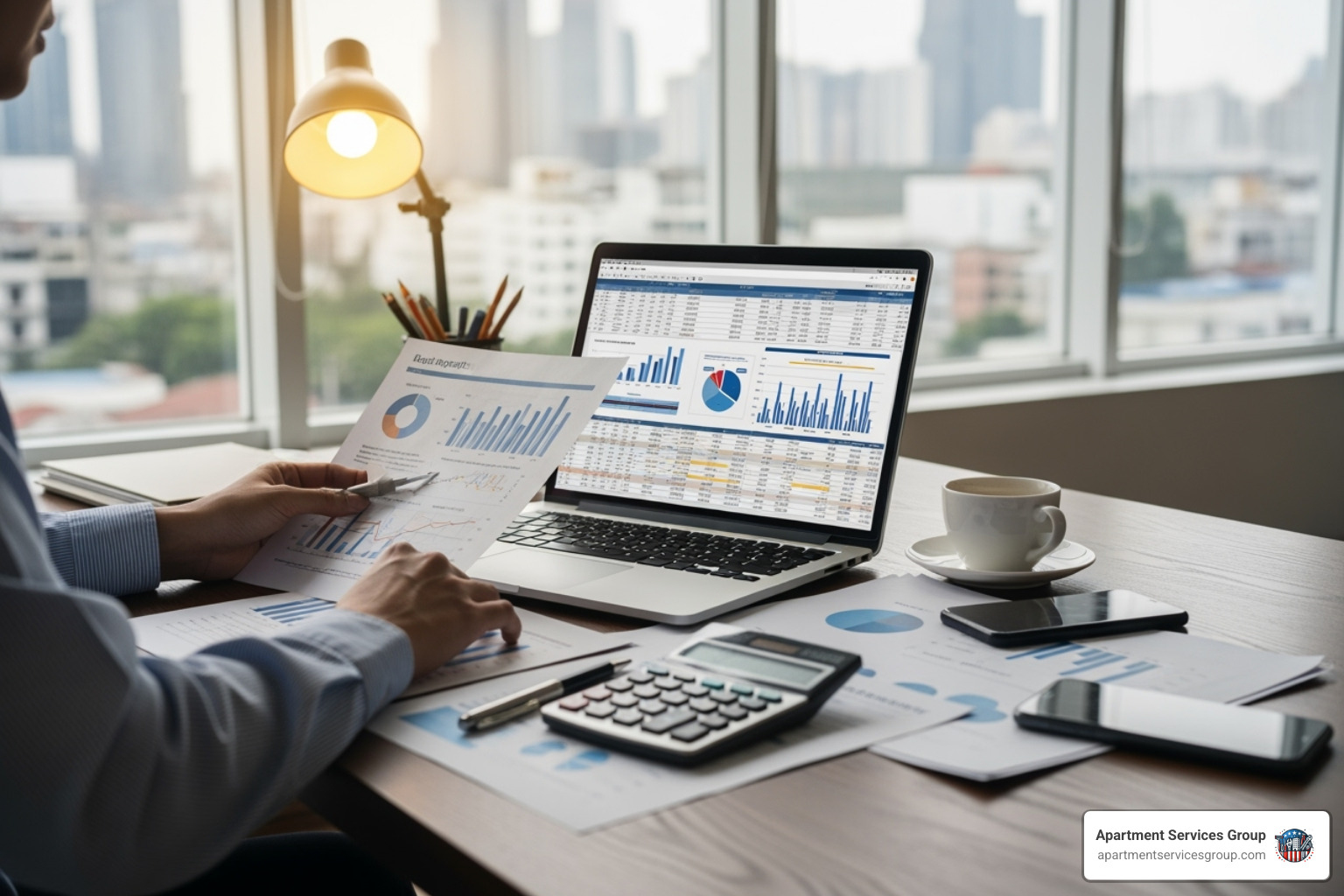 person using a laptop to review financial reports - Apartment community management