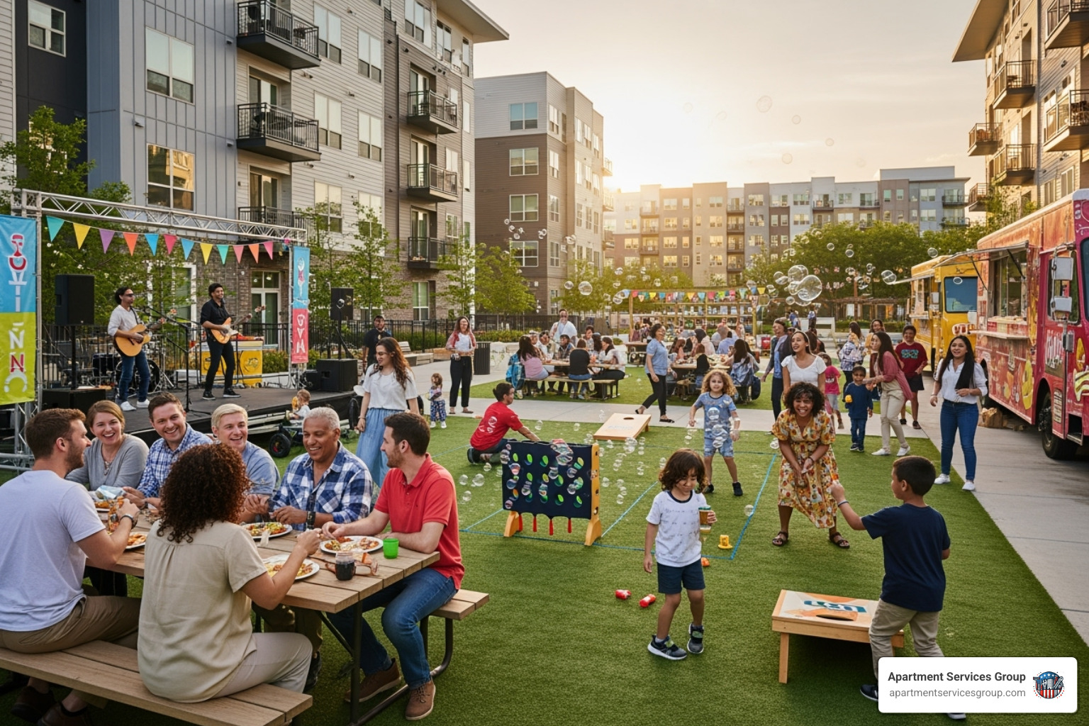 diverse group of happy residents at a community event - Apartment community management