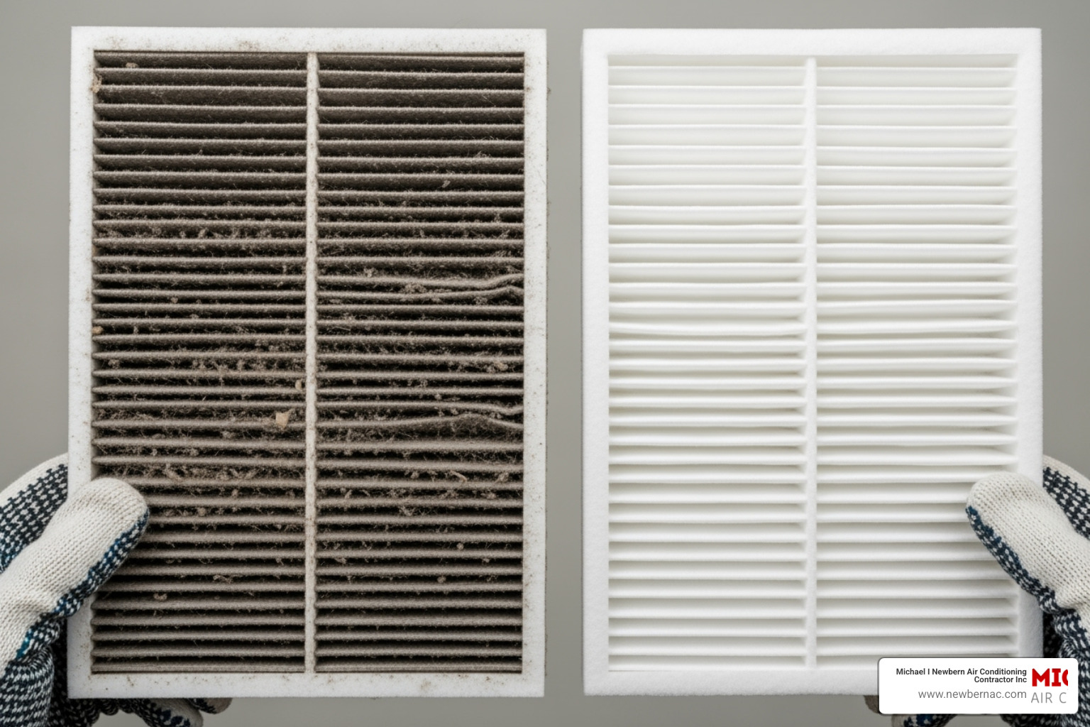 dirty, clogged air filter held up for comparison to a new one - furnace maintenance Lakeland