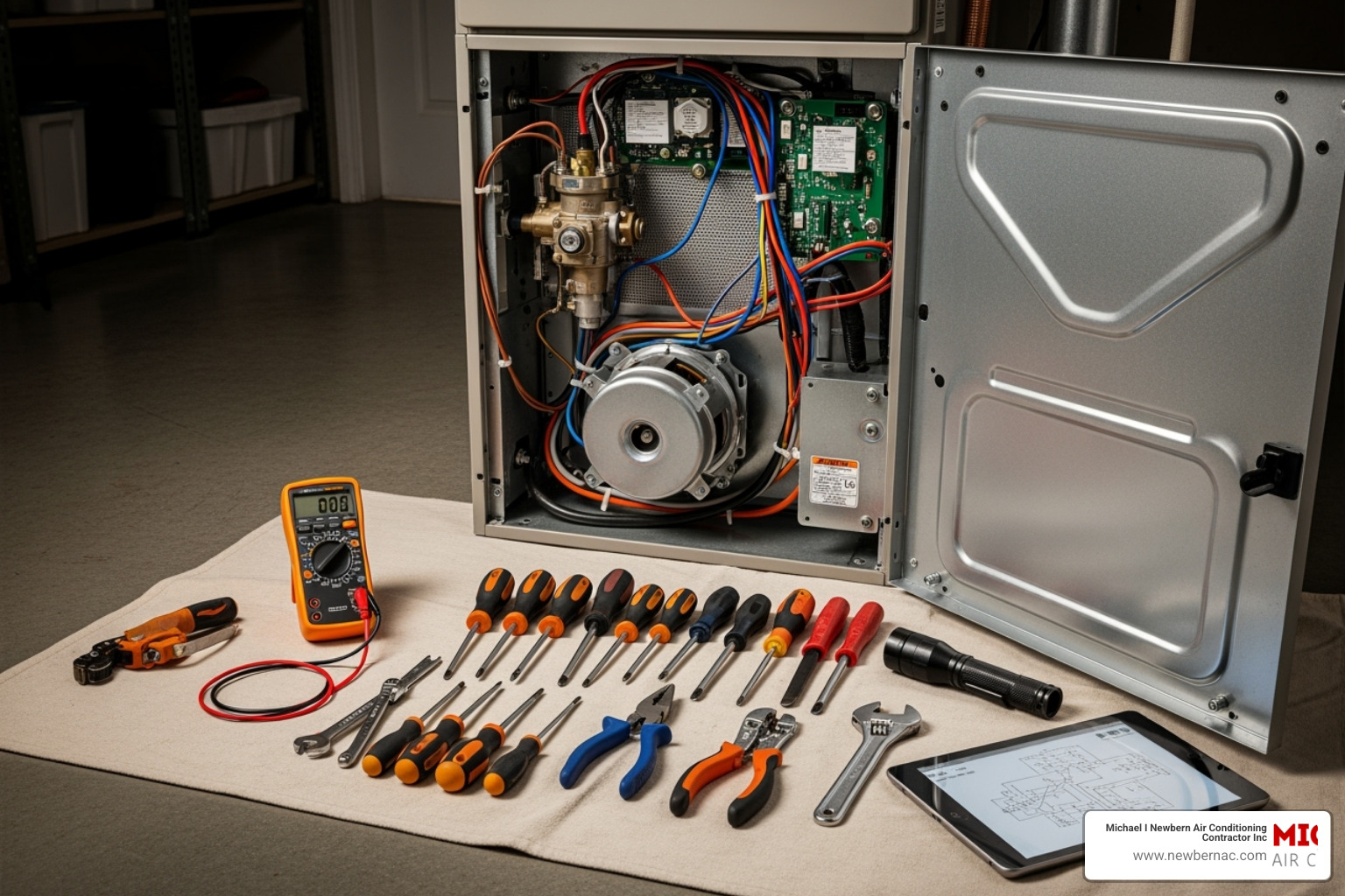 technician's toolset next to an open furnace - furnace maintenance Lakeland