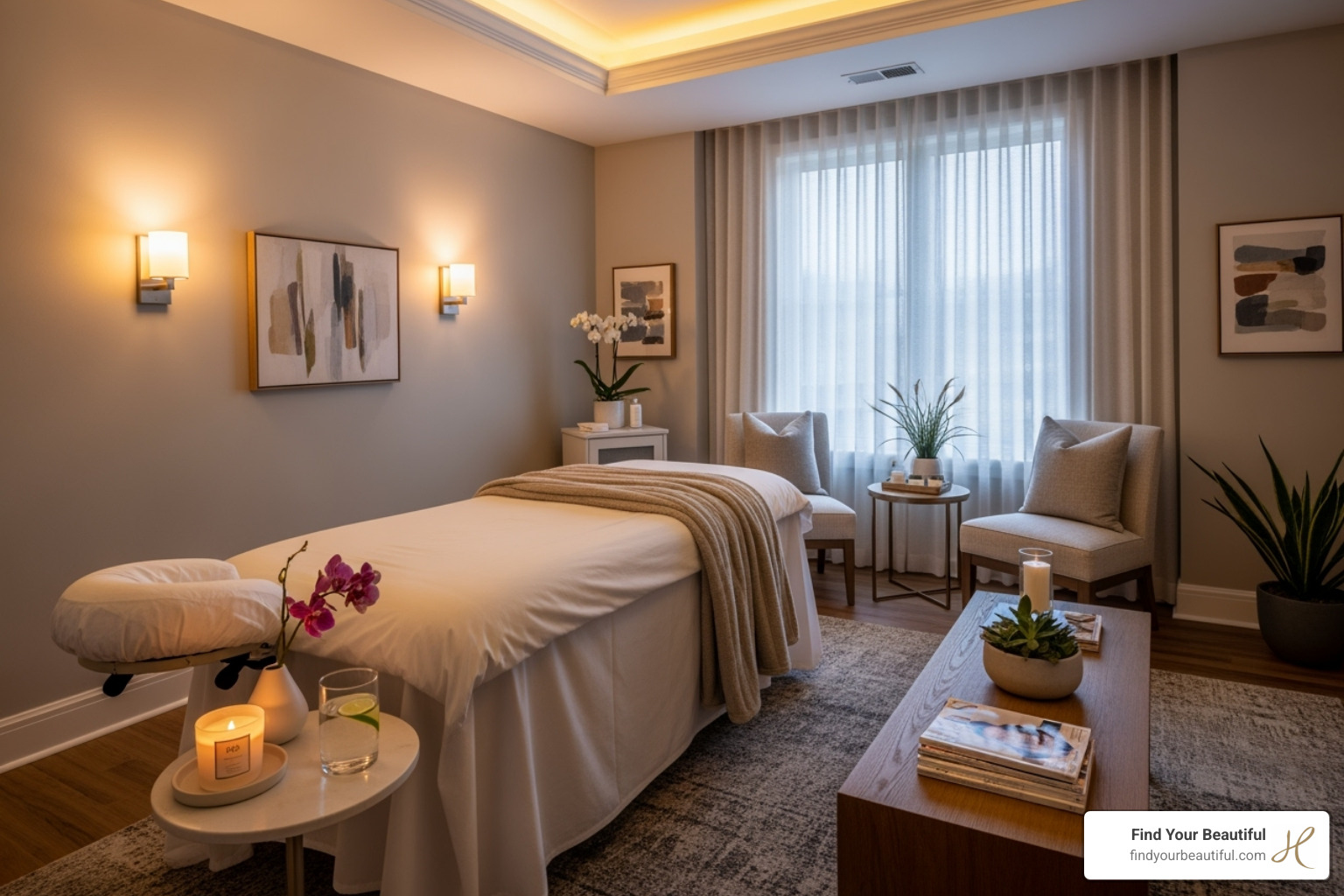 A serene med spa treatment room with soft lighting and comfortable seating - best treatment for fine lines and wrinkles