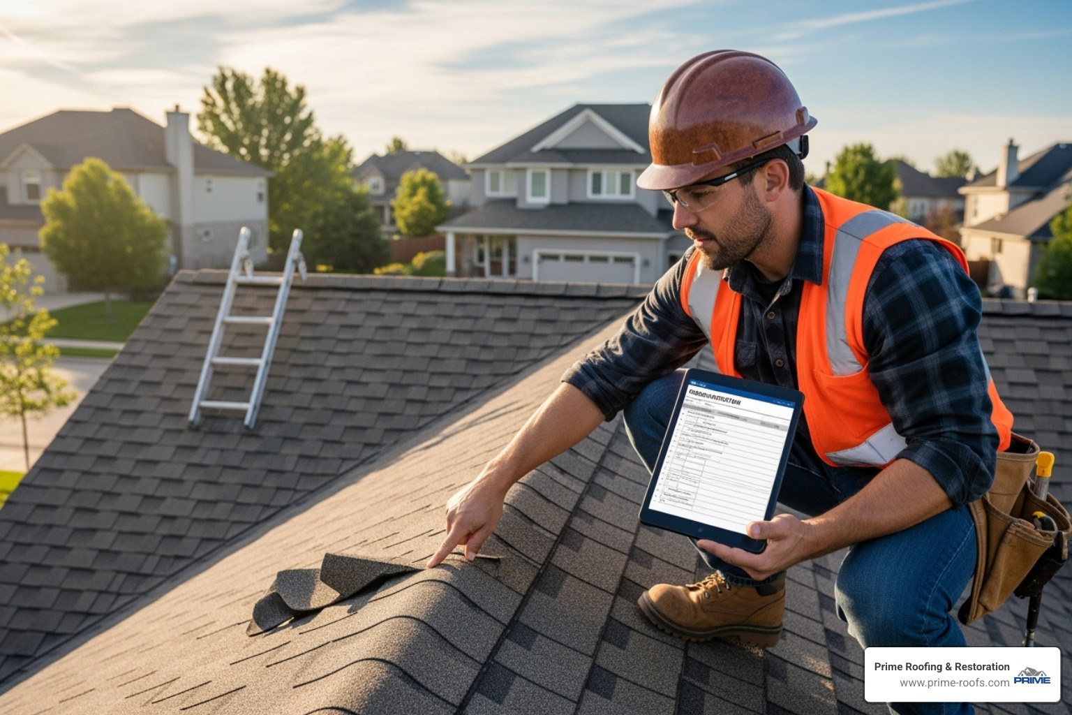 a certified roofer inspecting a roof with a checklist - Roof replacement Alabama