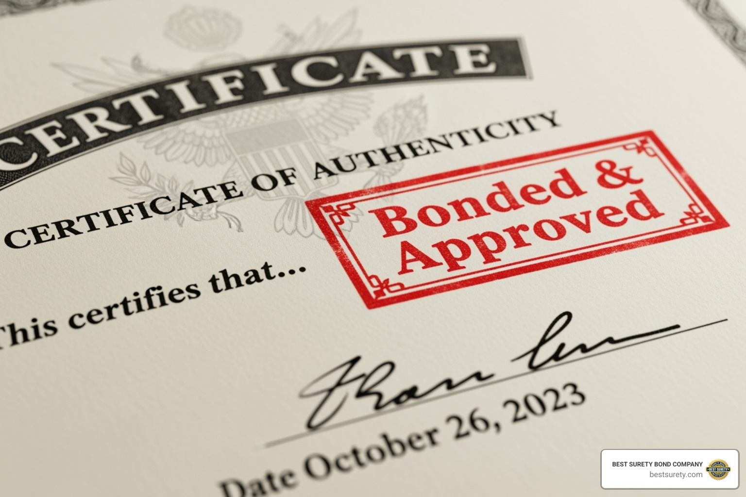 A certificate with a "Bonded & Approved" stamp - Customs bond online A certificate with a "Bonded & Approved" stamp - Customs bond online
