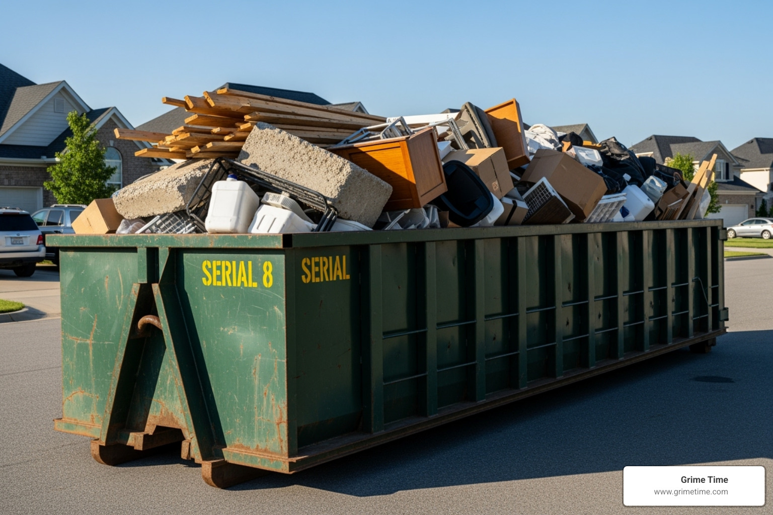 Properly loaded dumpster with debris level with the top - roll off dumpster rental austin tx