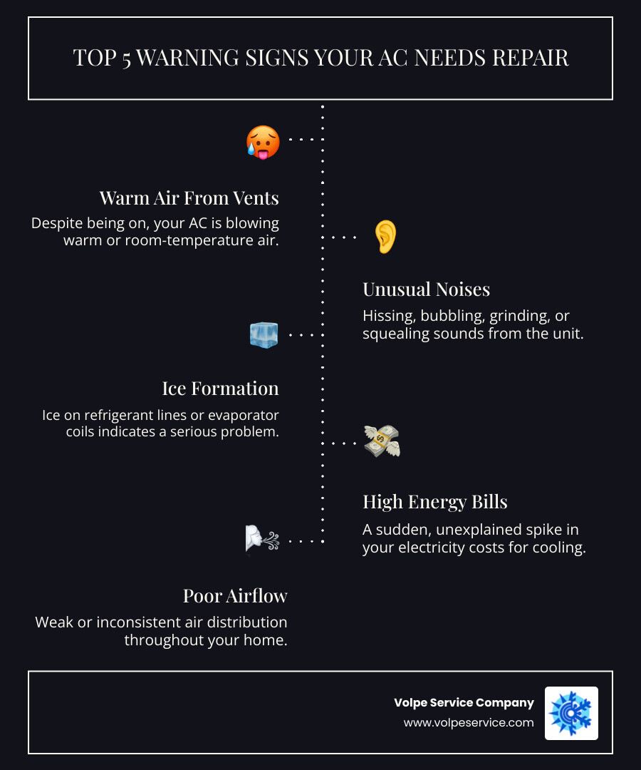 Infographic showing the top 5 warning signs that indicate an air conditioner needs immediate repair: warm air from vents, unusual hissing or bubbling sounds, ice formation on refrigerant lines, sudden spike in energy bills, and poor airflow throughout the home - AC repair Mt Olive infographic infographic-line-5-steps-dark