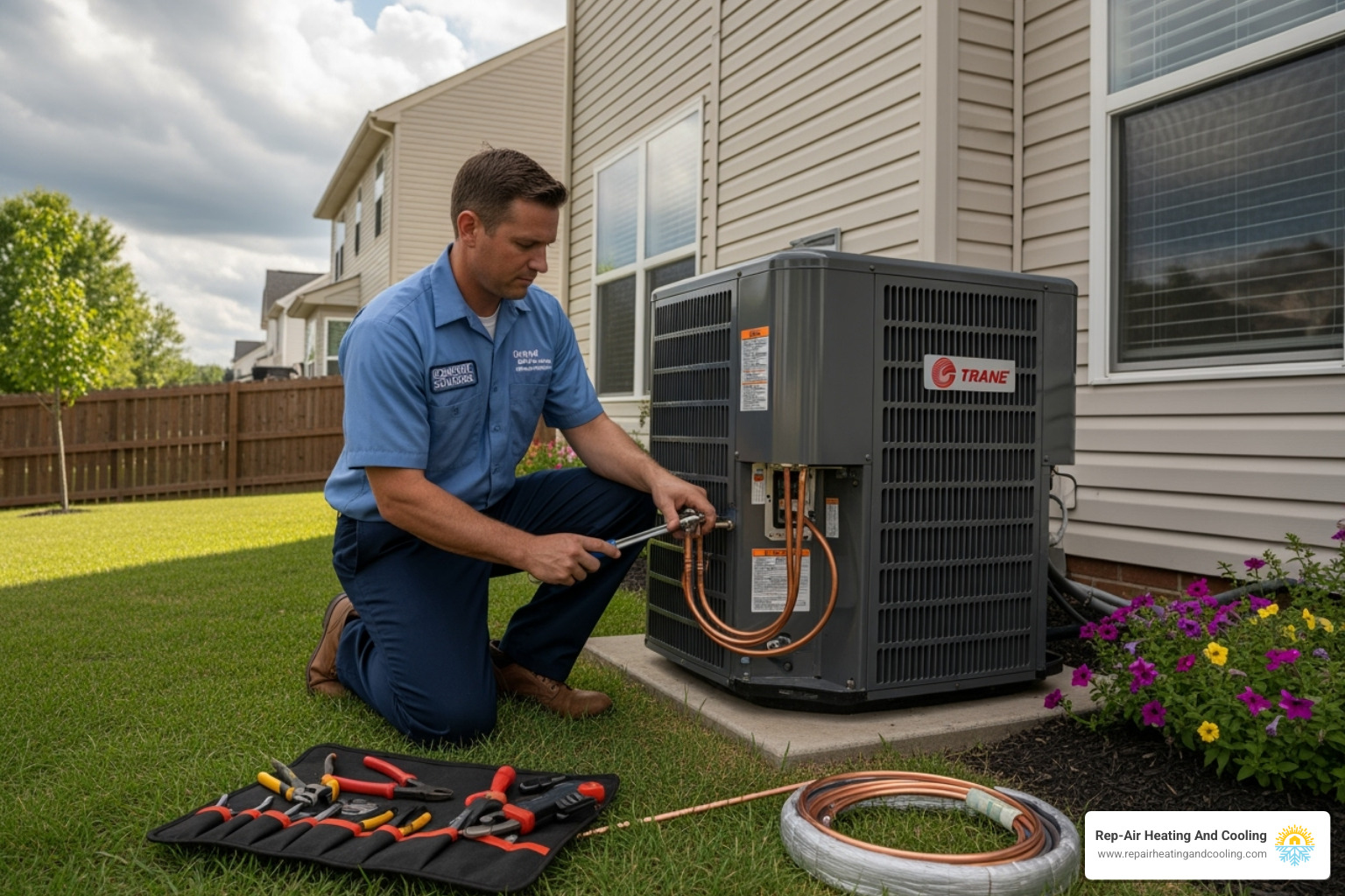certified technician installing outdoor heat pump unit - Heat pump installation Abbotsford