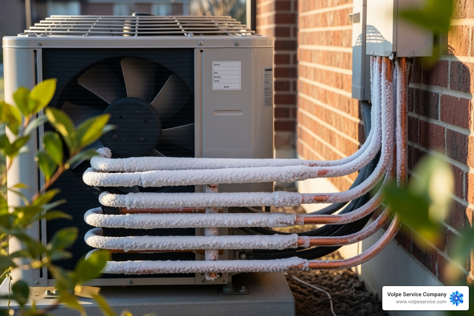 Image of an outdoor AC unit with visible frost on the copper lines - AC repair Mt Olive