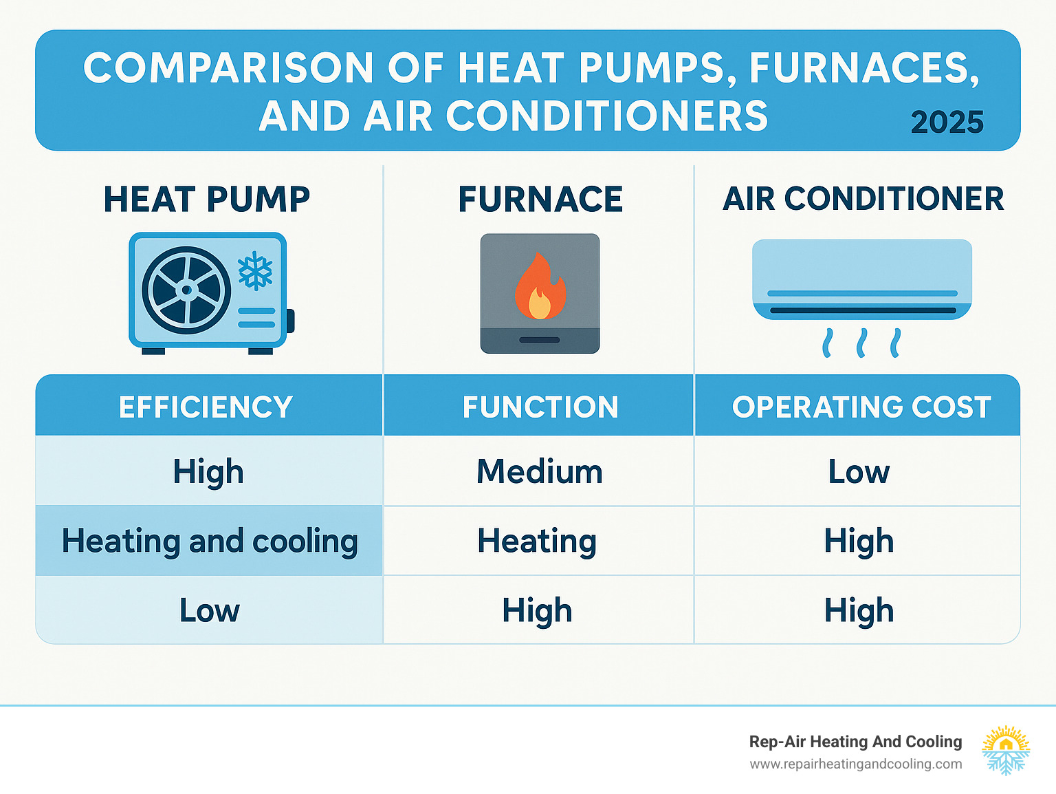 Comparison of Heat Pumps, Furnaces, and Air Conditioners on efficiency, function, and operating cost - Heat pump installation Abbotsford infographic 