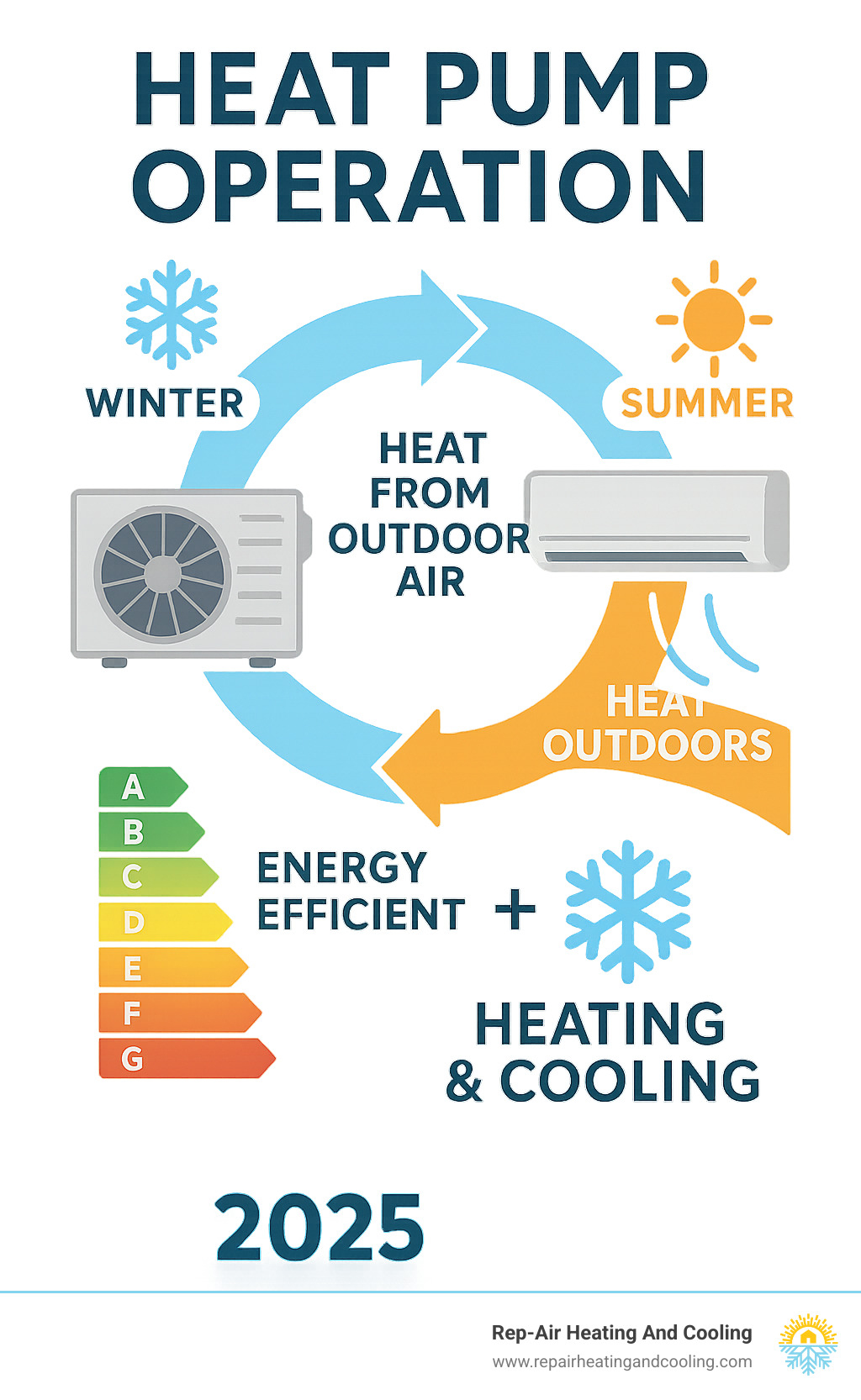 Infographic showing heat pump operation cycle with outdoor unit extracting heat from air in winter and reversing the process in summer, displaying energy efficiency ratings and dual heating/cooling functionality - Heat pump installation Abbotsford infographic 