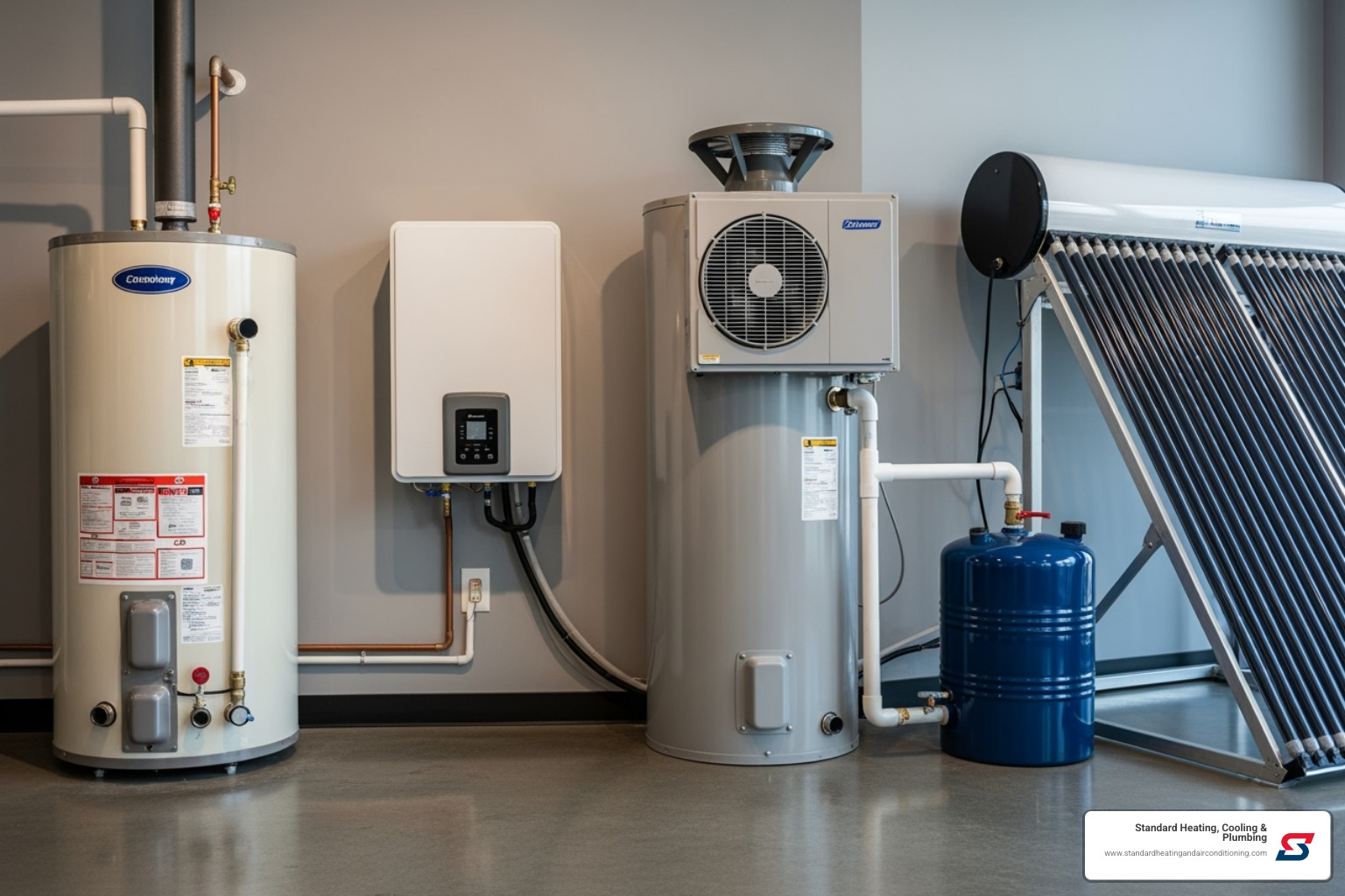 four main types of water heaters side-by-side - energy efficient water heater