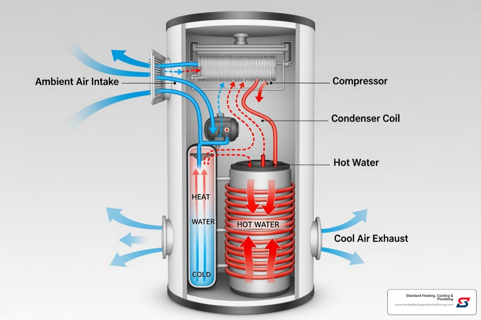 illustration of how a heat pump water heater pulls warmth from the surrounding air - energy efficient water heater