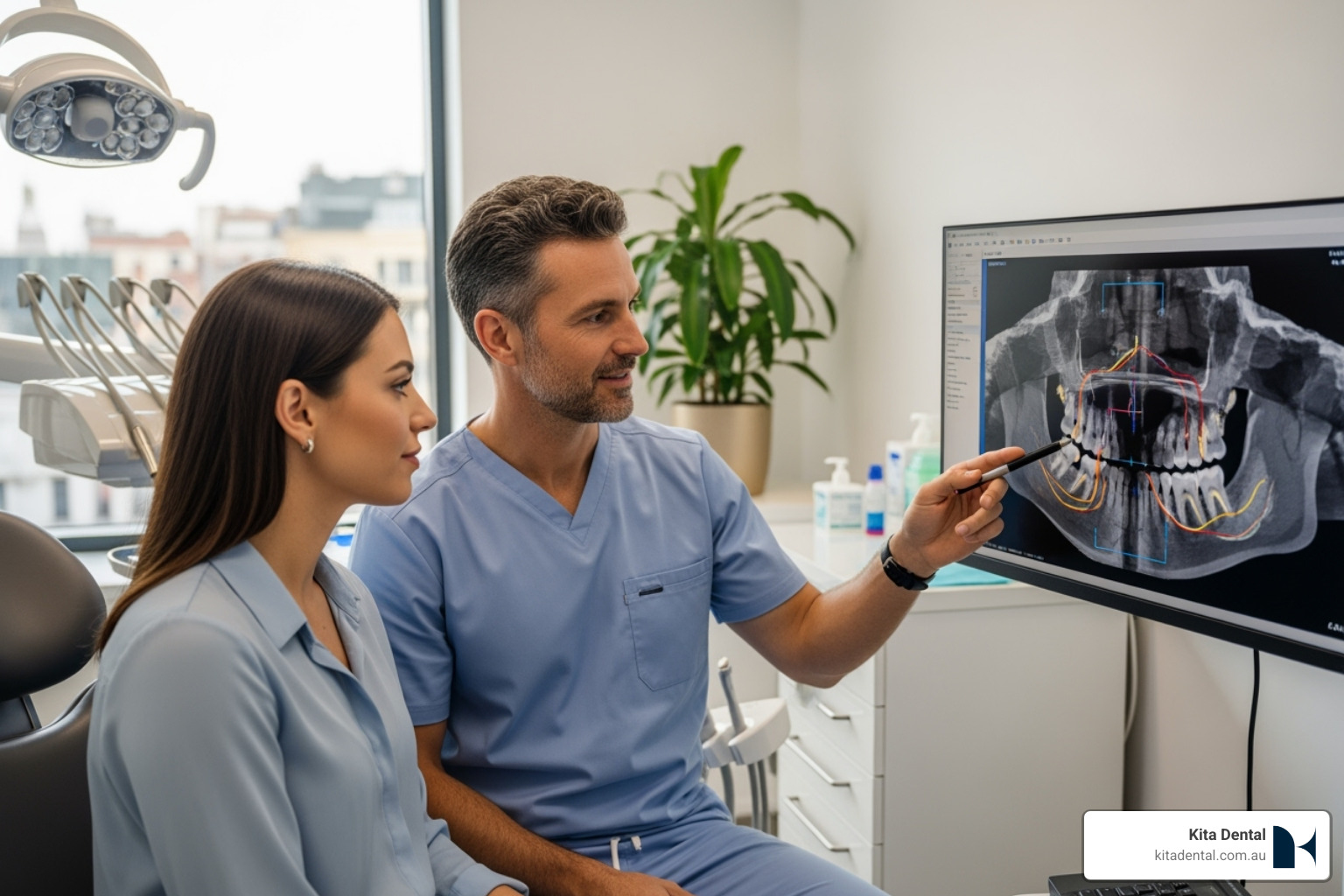 dentist and patient reviewing a 3D CBCT scan - full mouth implant treatment dentist and patient reviewing a 3D CBCT scan - full mouth implant treatment