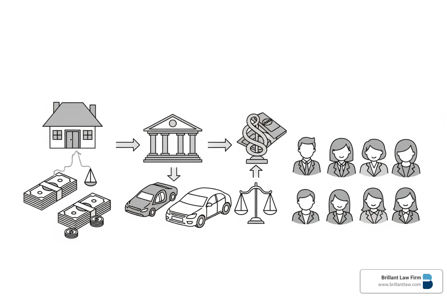 A simplified flowchart showing assets moving through probate to beneficiaries, illustrating the legal process - legal aid for probate