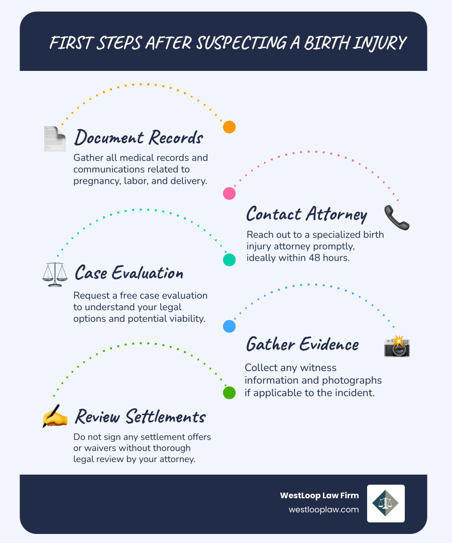 Infographic showing the first steps after suspecting a birth injury: 1. Document all medical records and communications, 2. Contact a birth injury attorney within 48 hours, 3. Request a free case evaluation to understand your legal options, 4. Gather witness information and photographs if applicable, 5. Do not sign any settlement offers without legal review - childbirth injury attorney infographic infographic-line-5-steps-blues-accent_colors