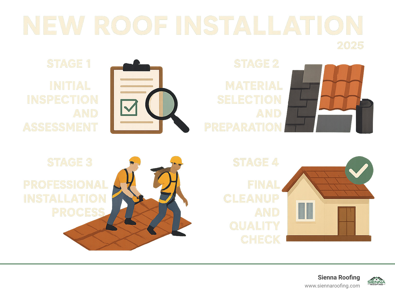 Detailed infographic showing the 4 main stages of new roof installation process: Stage 1 - Initial Inspection and Assessment with clipboard and magnifying glass, Stage 2 - Material Selection and Preparation with various roofing materials, Stage 3 - Professional Installation Process with workers in safety harnesses, Stage 4 - Final Cleanup and Quality Check with completed roof - new roof installation infographic 