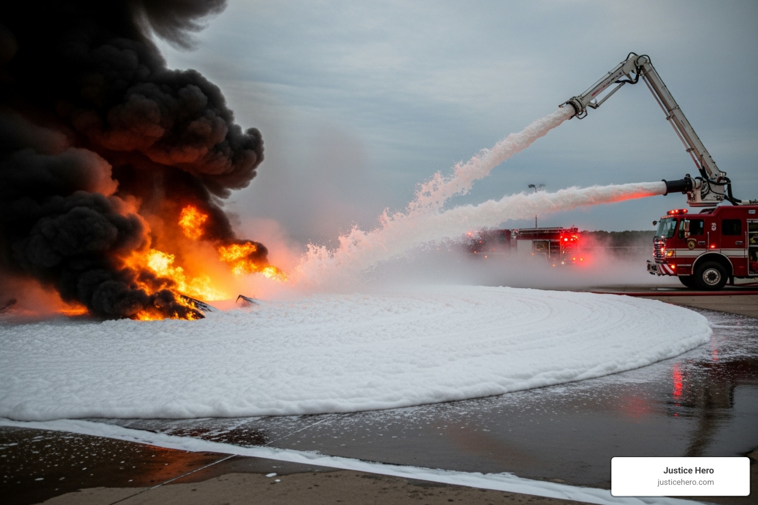 AFFF foam being sprayed on a fire - military firefighting foam lawsuit AFFF foam being sprayed on a fire - military firefighting foam lawsuit