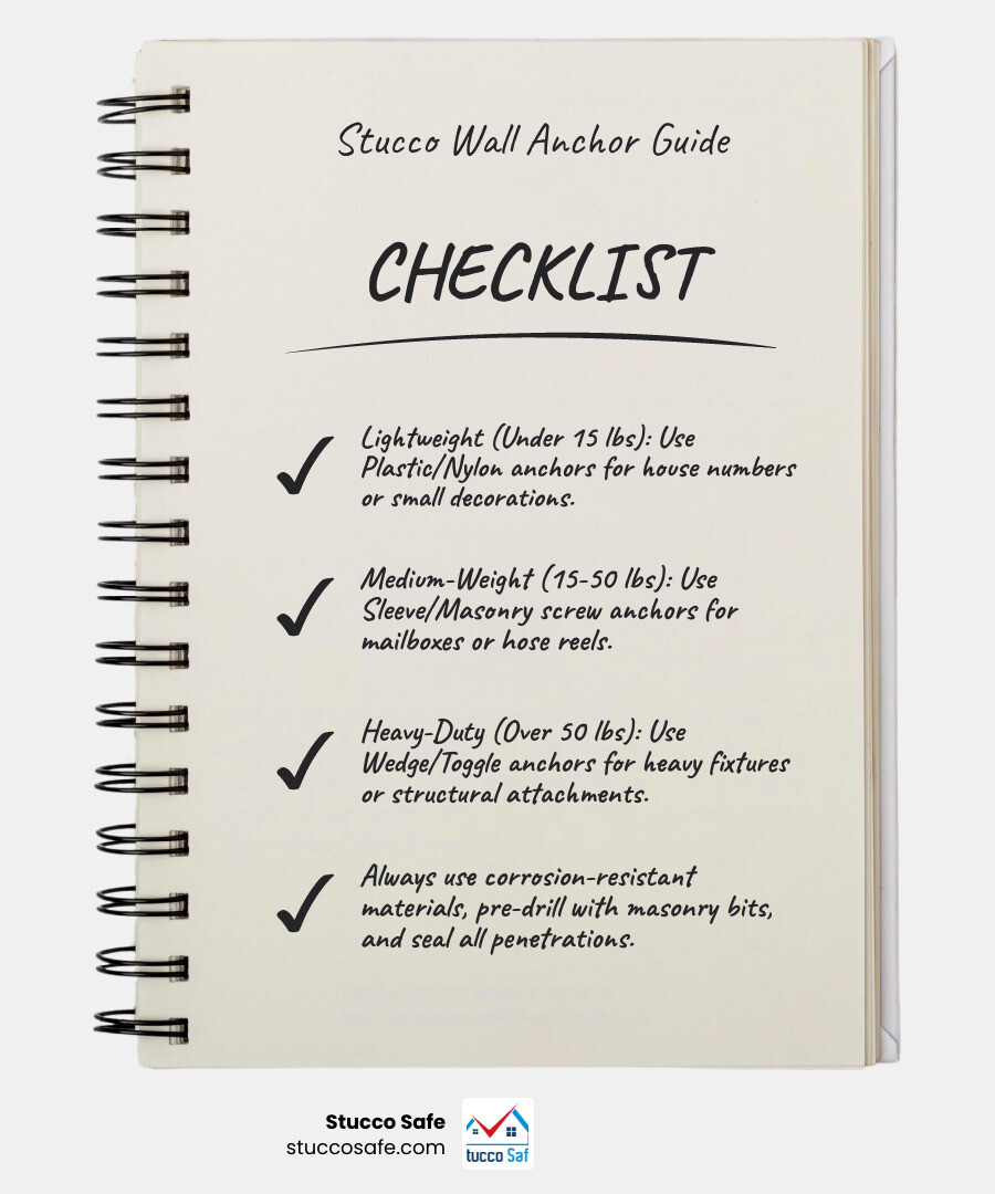 Comprehensive guide showing different types of stucco wall anchors organized by weight capacity, including plastic ribbed anchors for lightweight items, sleeve anchors for medium loads, and wedge anchors for heavy-duty applications, with installation depth requirements and corrosion resistance ratings - stucco wall anchors infographic checklist-notebook