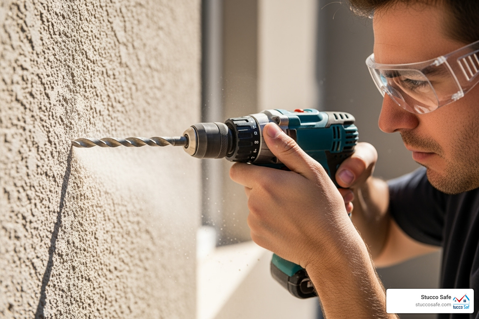 person wearing safety glasses and correctly drilling a pilot hole into a stucco wall - stucco wall anchors