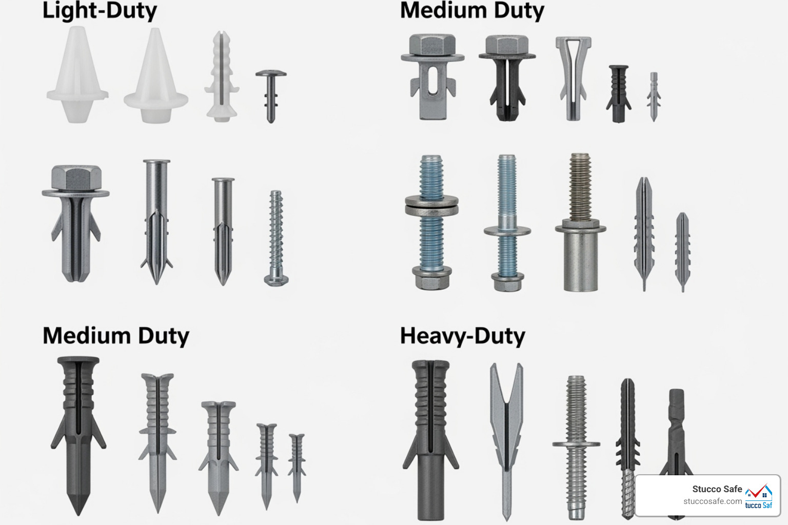 side-by-side comparison of light, medium, and heavy-duty stucco anchors - stucco wall anchors