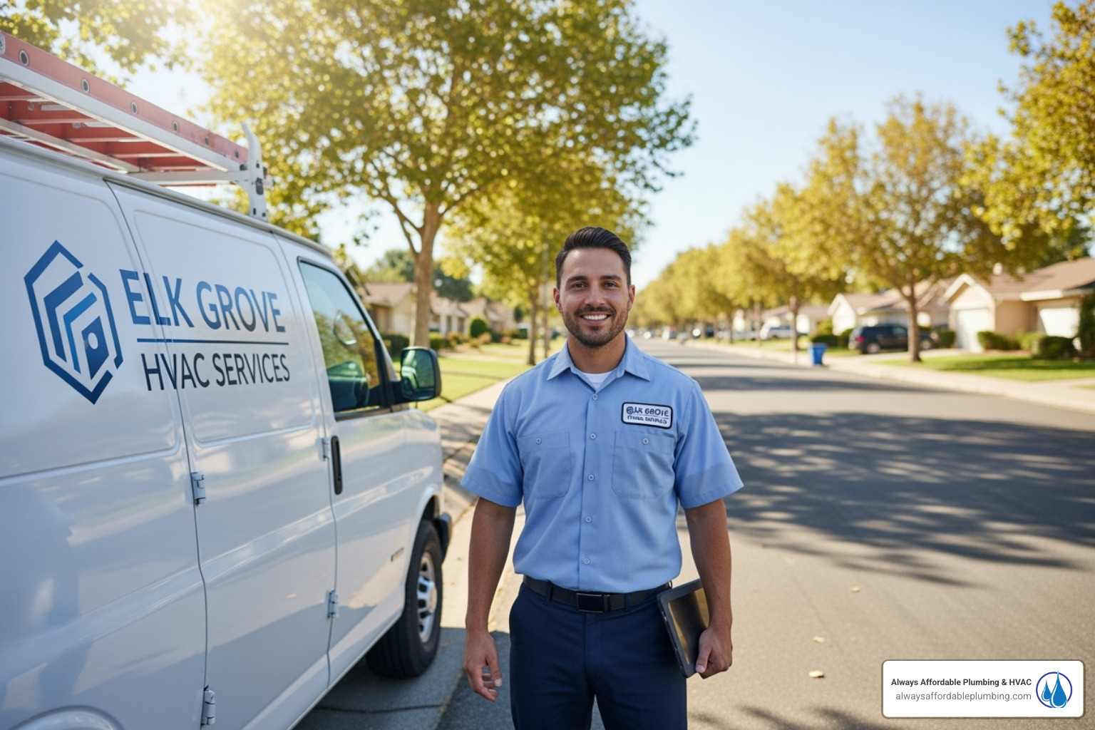 Friendly technician with a company van in an Elk Grove neighborhood - HVAC repair Elk Grove