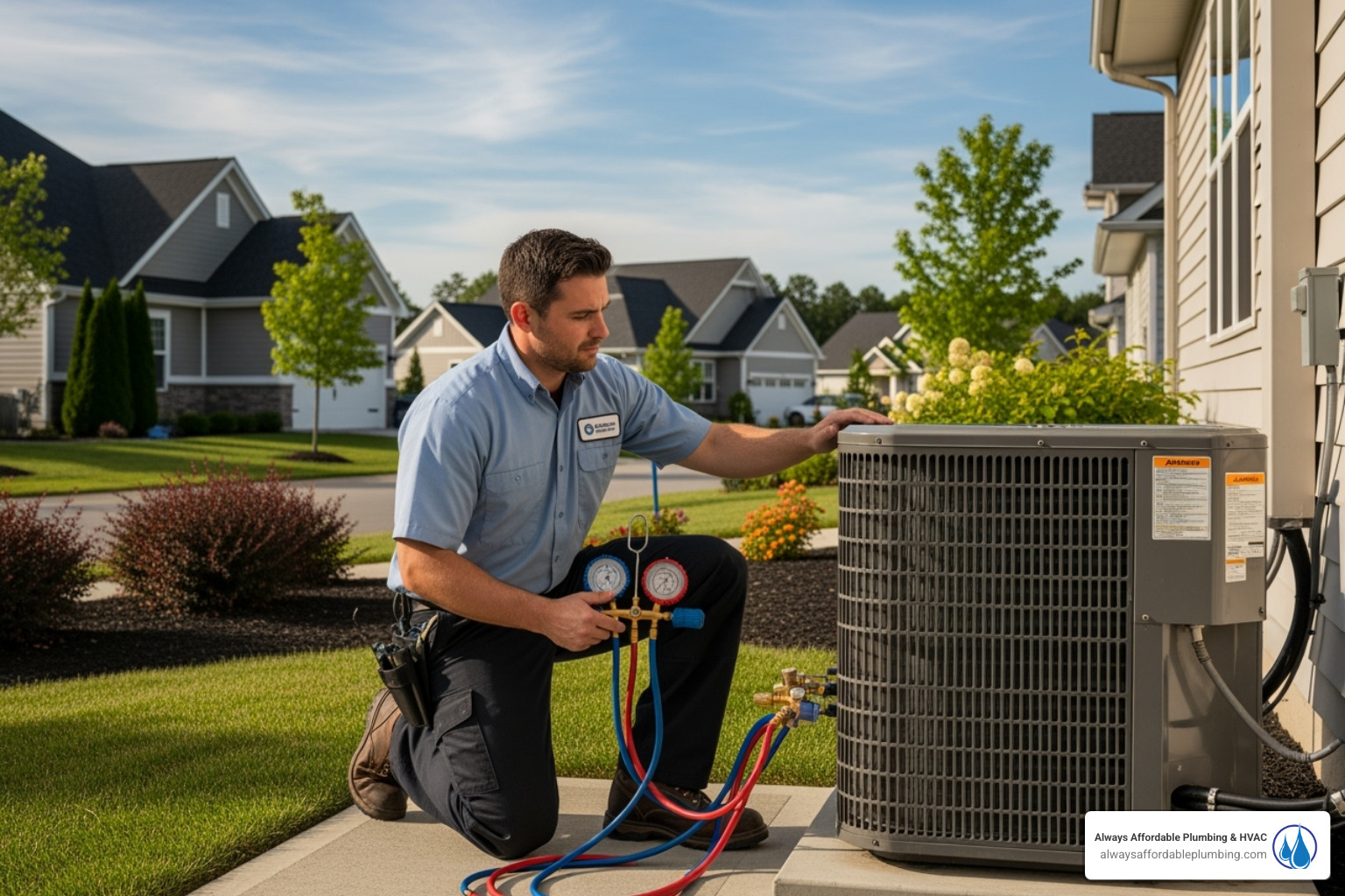 Technician inspecting outdoor AC unit in a suburban setting - HVAC repair Elk Grove