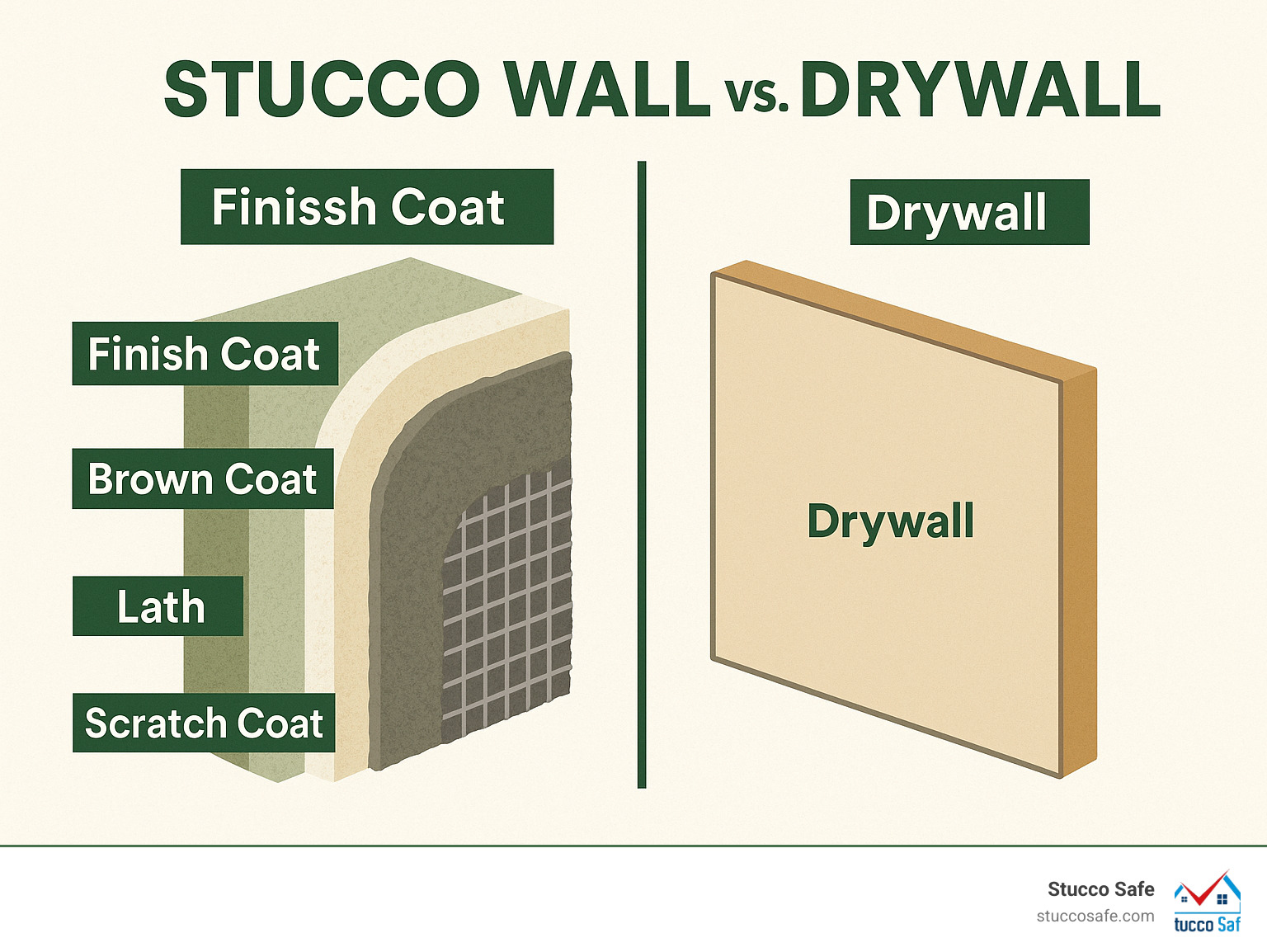 infographic explaining the layers of a stucco wall (lath, scratch coat, brown coat, finish coat) vs. a simple drywall interior wall - stucco wall anchors infographic 