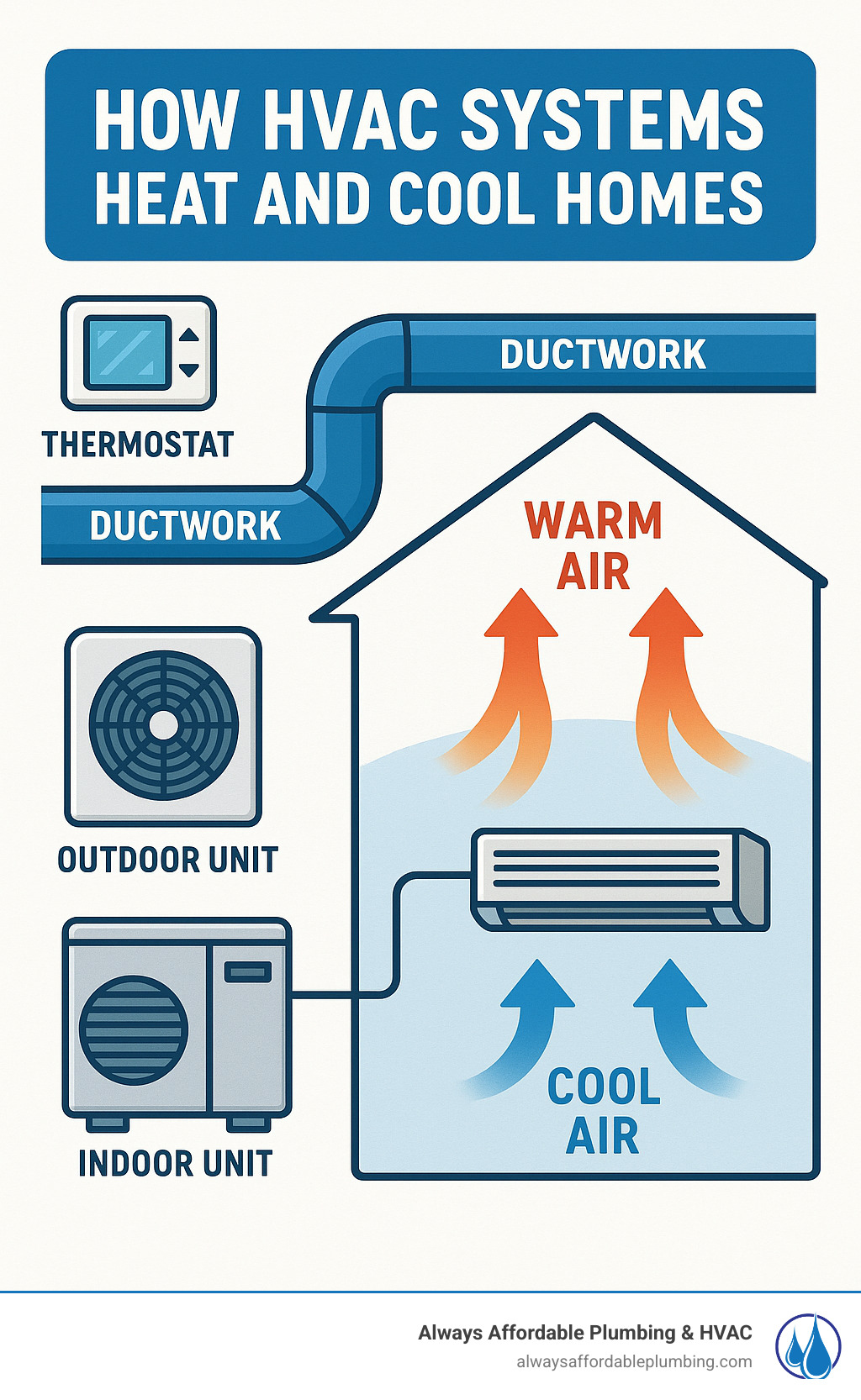 Infographic showing how HVAC systems heat and cool homes through ductwork, with outdoor unit, indoor unit, thermostat, and air circulation patterns clearly labeled - HVAC repair Elk Grove infographic 