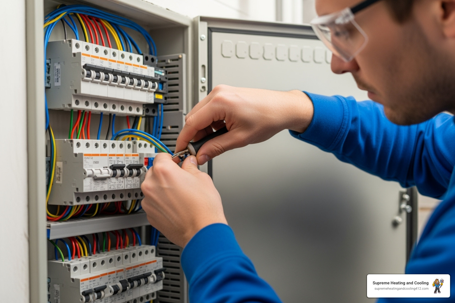 Electrician working on a new electrical panel - fuse box replacement